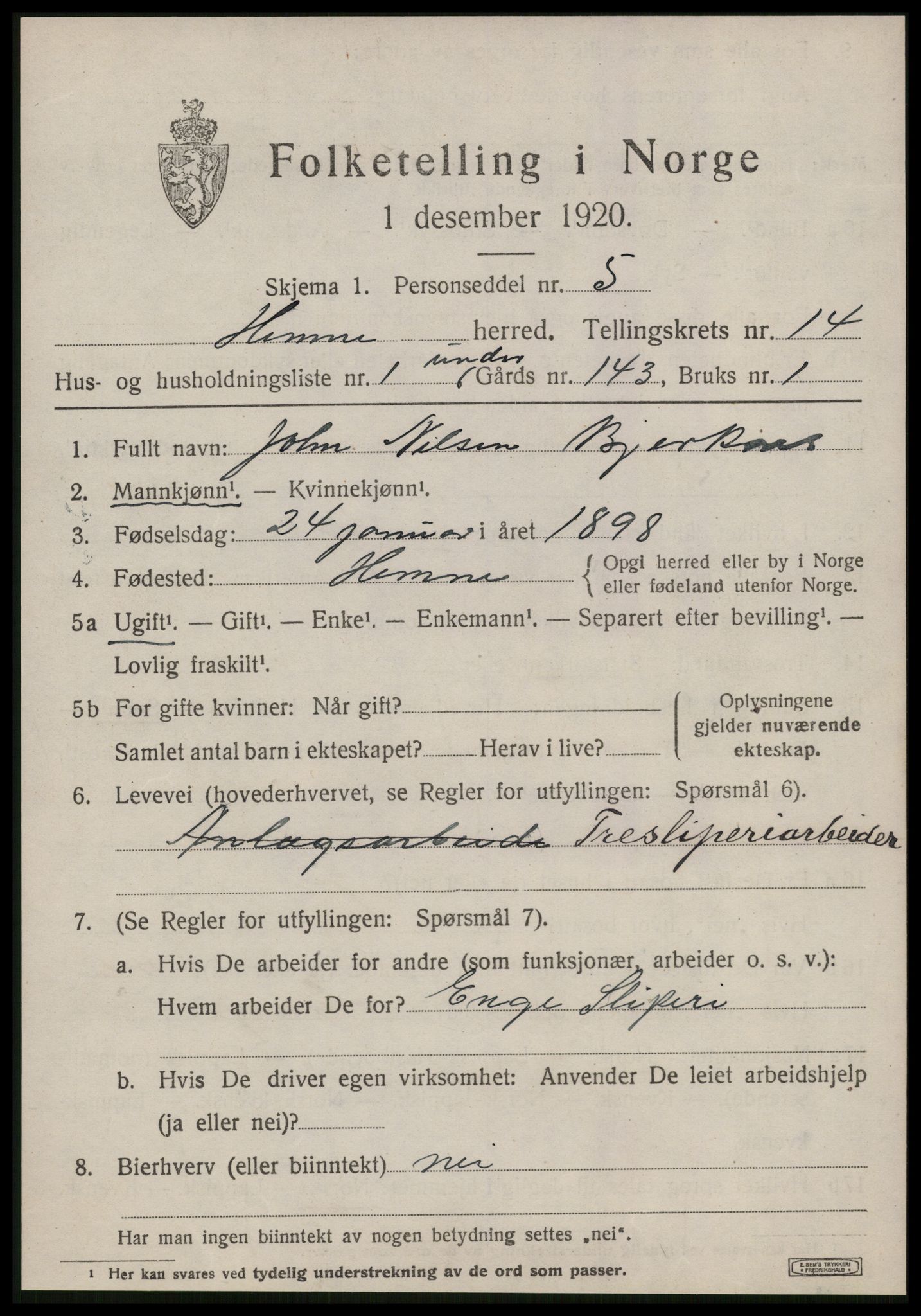 SAT, 1920 census for Hemne, 1920, p. 7938