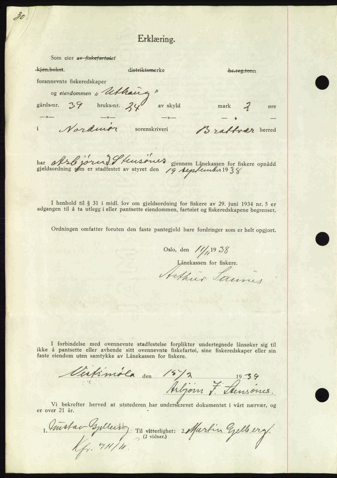 Nordmøre sorenskriveri, AV/SAT-A-4132/1/2/2Ca: Mortgage book no. B85, 1939-1939, Diary no: : 810/1939