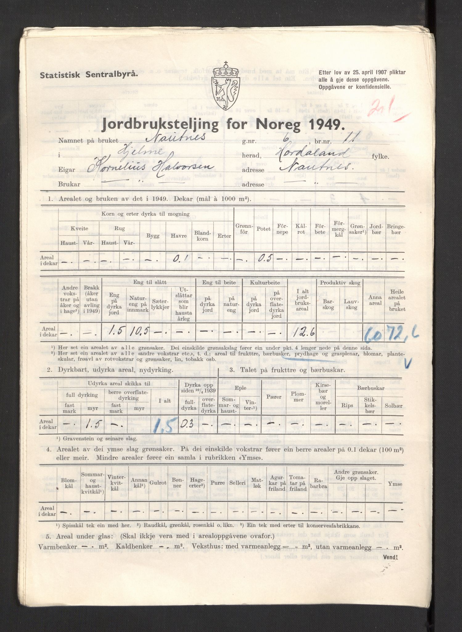 Statistisk sentralbyrå, Næringsøkonomiske emner, Jordbruk, skogbruk, jakt, fiske og fangst, AV/RA-S-2234/G/Gc/L0276: Hordaland: Herdla og Hjelme, 1949, p. 1220