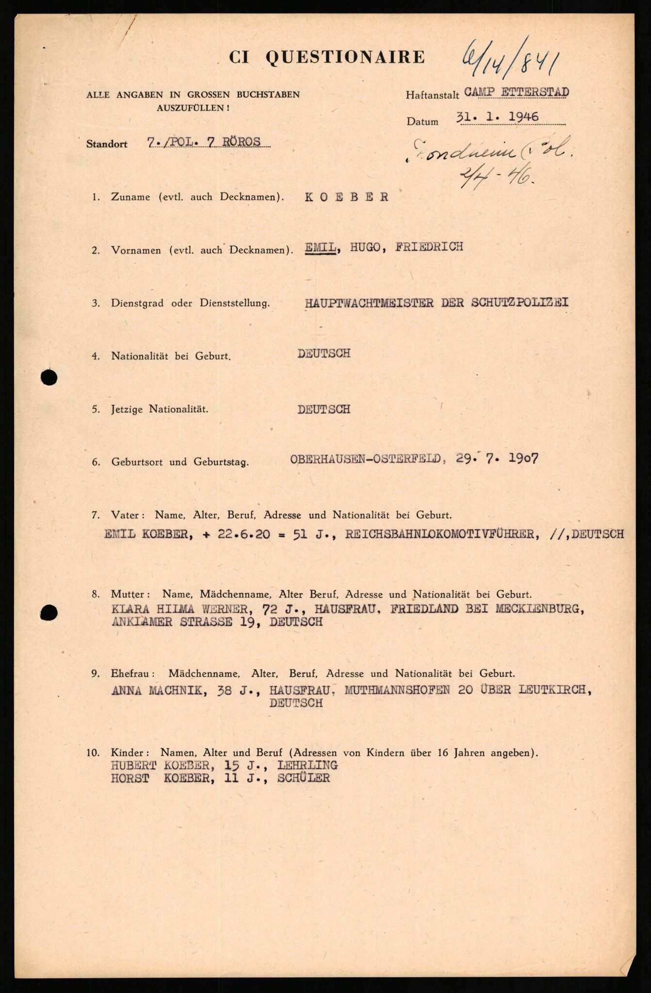 Forsvaret, Forsvarets overkommando II, AV/RA-RAFA-3915/D/Db/L0017: CI Questionaires. Tyske okkupasjonsstyrker i Norge. Tyskere., 1945-1946, p. 382