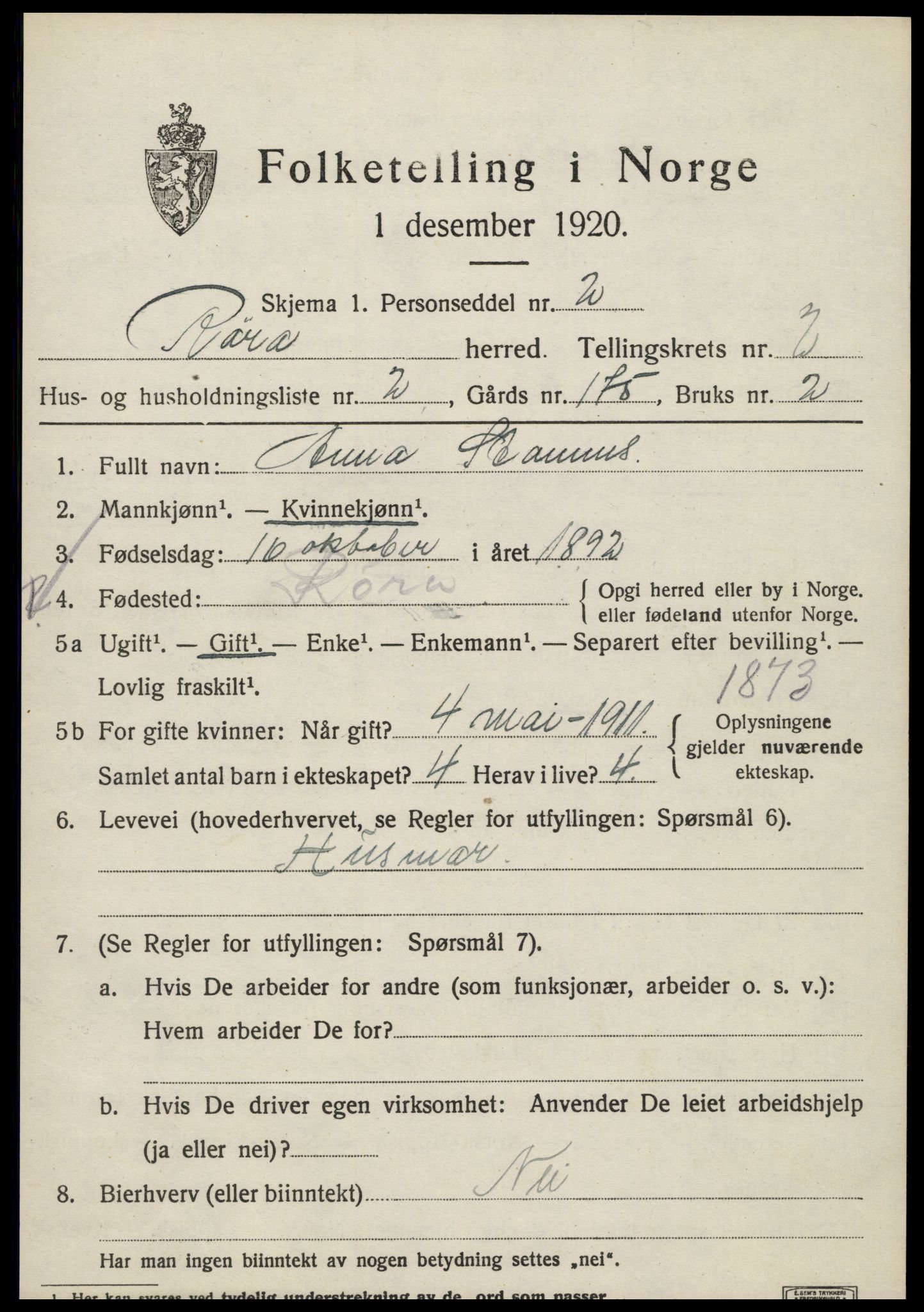 SAT, 1920 census for Røra, 1920, p. 1521