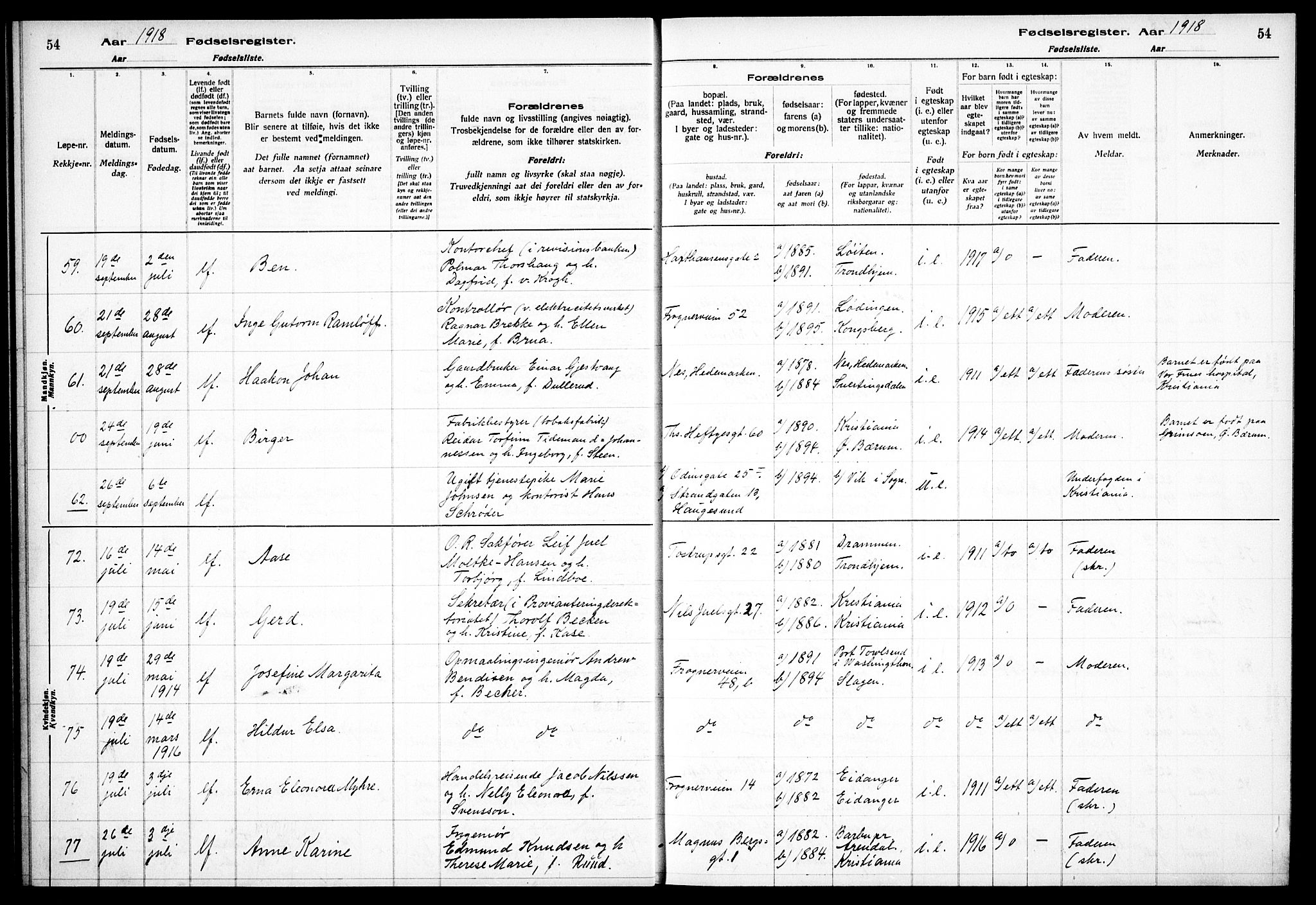 Frogner prestekontor Kirkebøker, AV/SAO-A-10886/J/Ja/L0001: Birth register no. 1, 1916-1927, p. 54