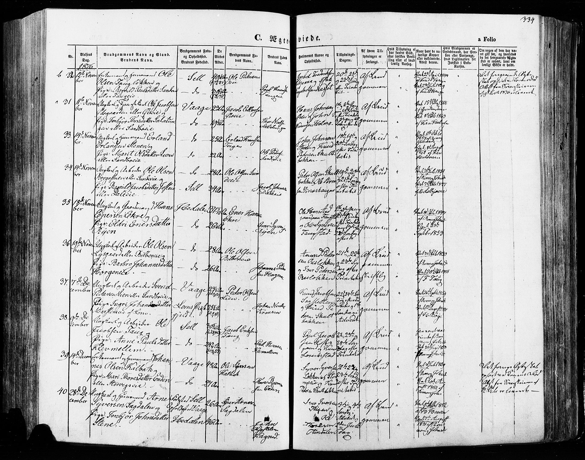 Vågå prestekontor, SAH/PREST-076/H/Ha/Haa/L0007: Parish register (official) no. 7 /1, 1872-1886, p. 334