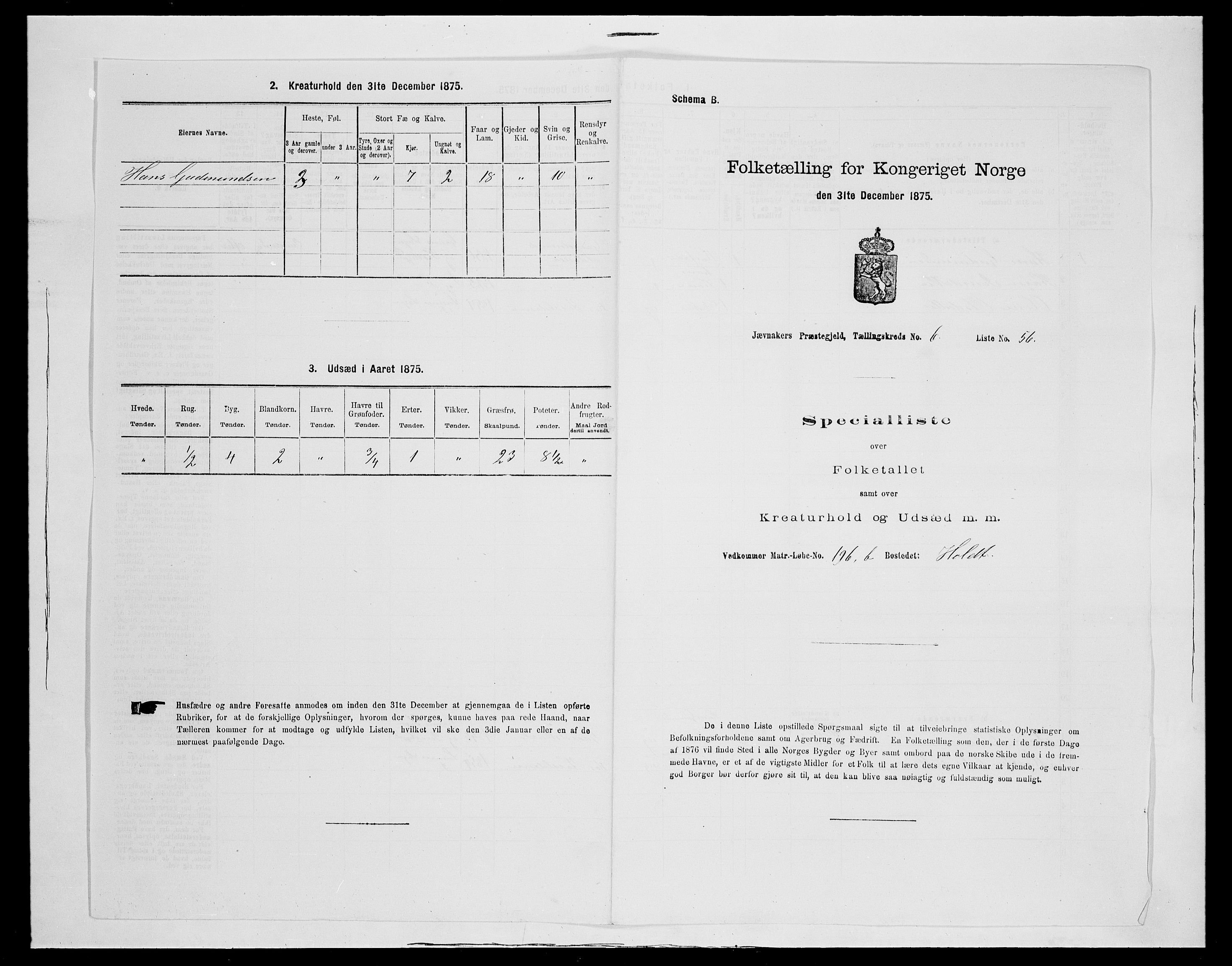 SAH, 1875 census for 0532P Jevnaker, 1875, p. 1135
