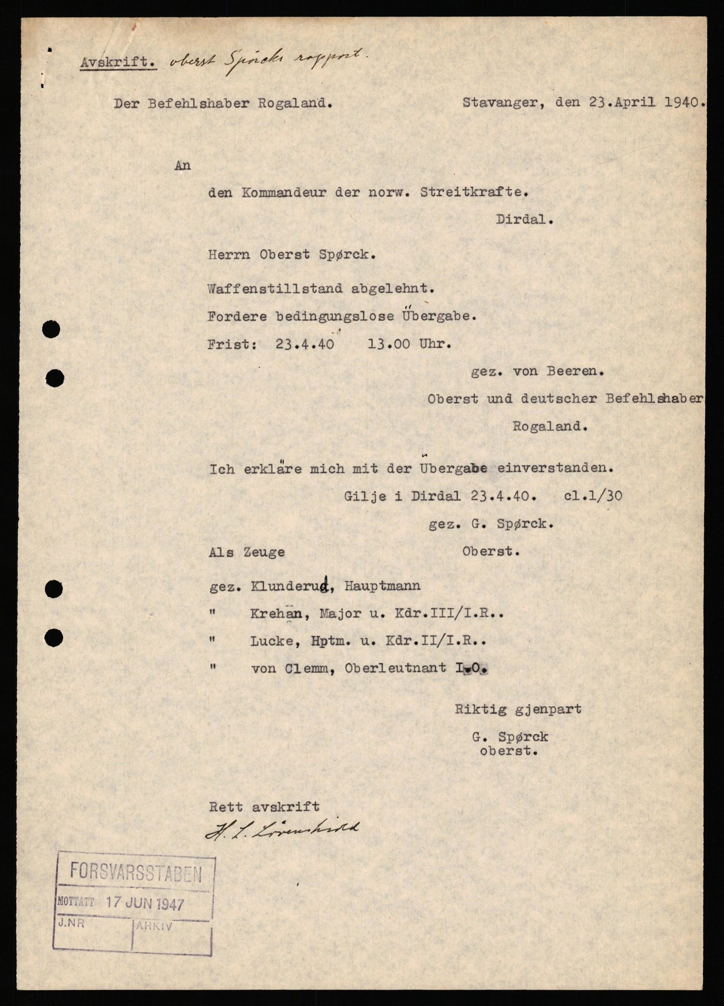 Forsvaret, Forsvarets krigshistoriske avdeling, AV/RA-RAFA-2017/Y/Yf/L0198: II-C-11-2100  -  Kapitulasjonen i 1940, 1940, p. 320