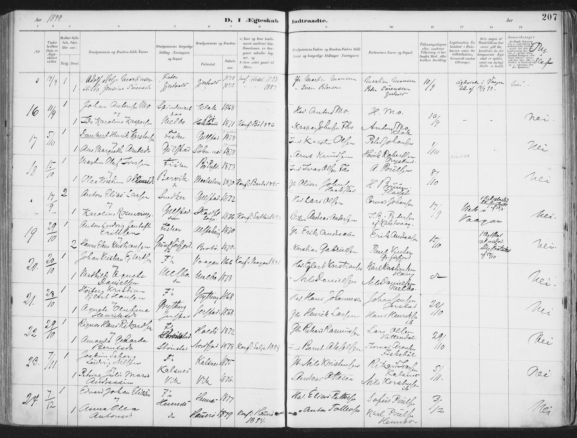 Ministerialprotokoller, klokkerbøker og fødselsregistre - Nordland, AV/SAT-A-1459/888/L1246: Parish register (official) no. 888A12, 1891-1903, p. 207