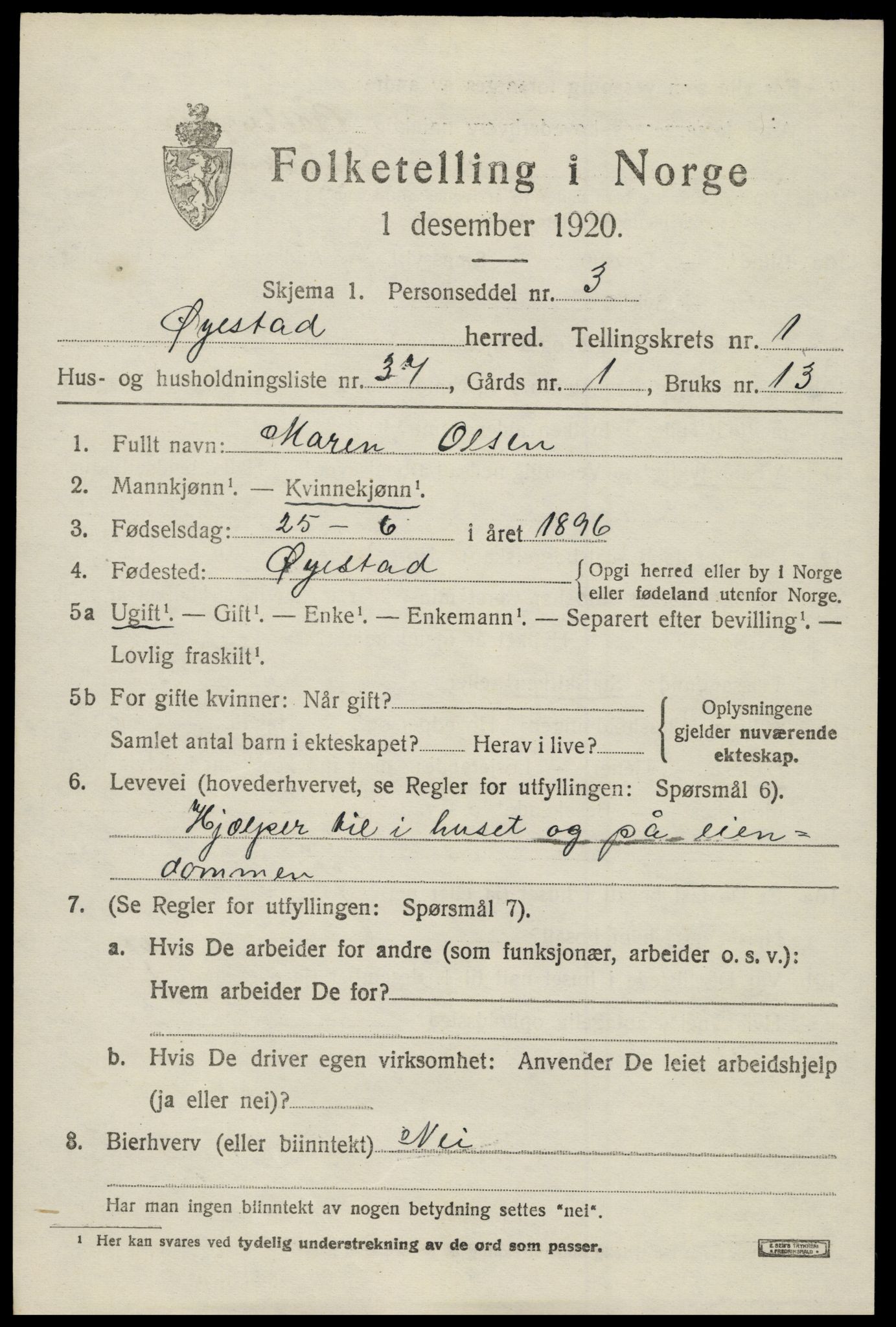 SAK, 1920 census for Øyestad, 1920, p. 2230