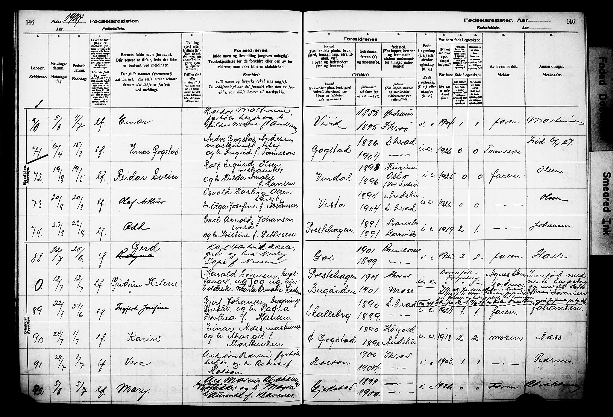 Sandar kirkebøker, AV/SAKO-A-243/J/Ja/L0002: Birth register no. 2, 1922-1929, p. 146