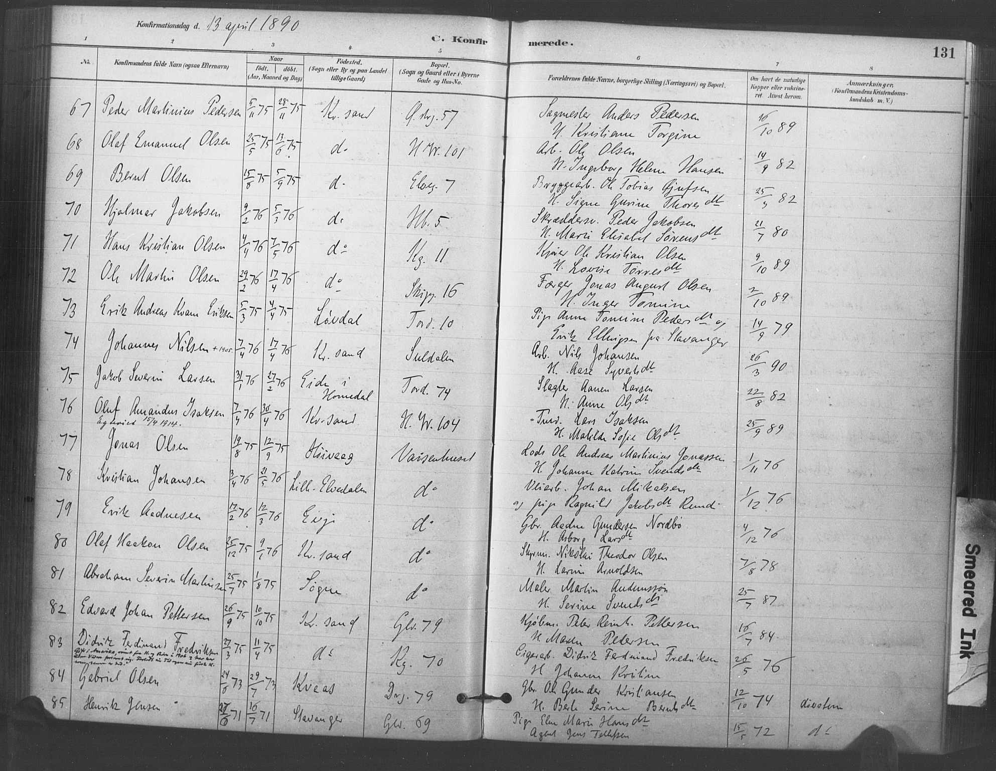 Kristiansand domprosti, AV/SAK-1112-0006/F/Fa/L0018: Parish register (official) no. A 17, 1880-1892, p. 131