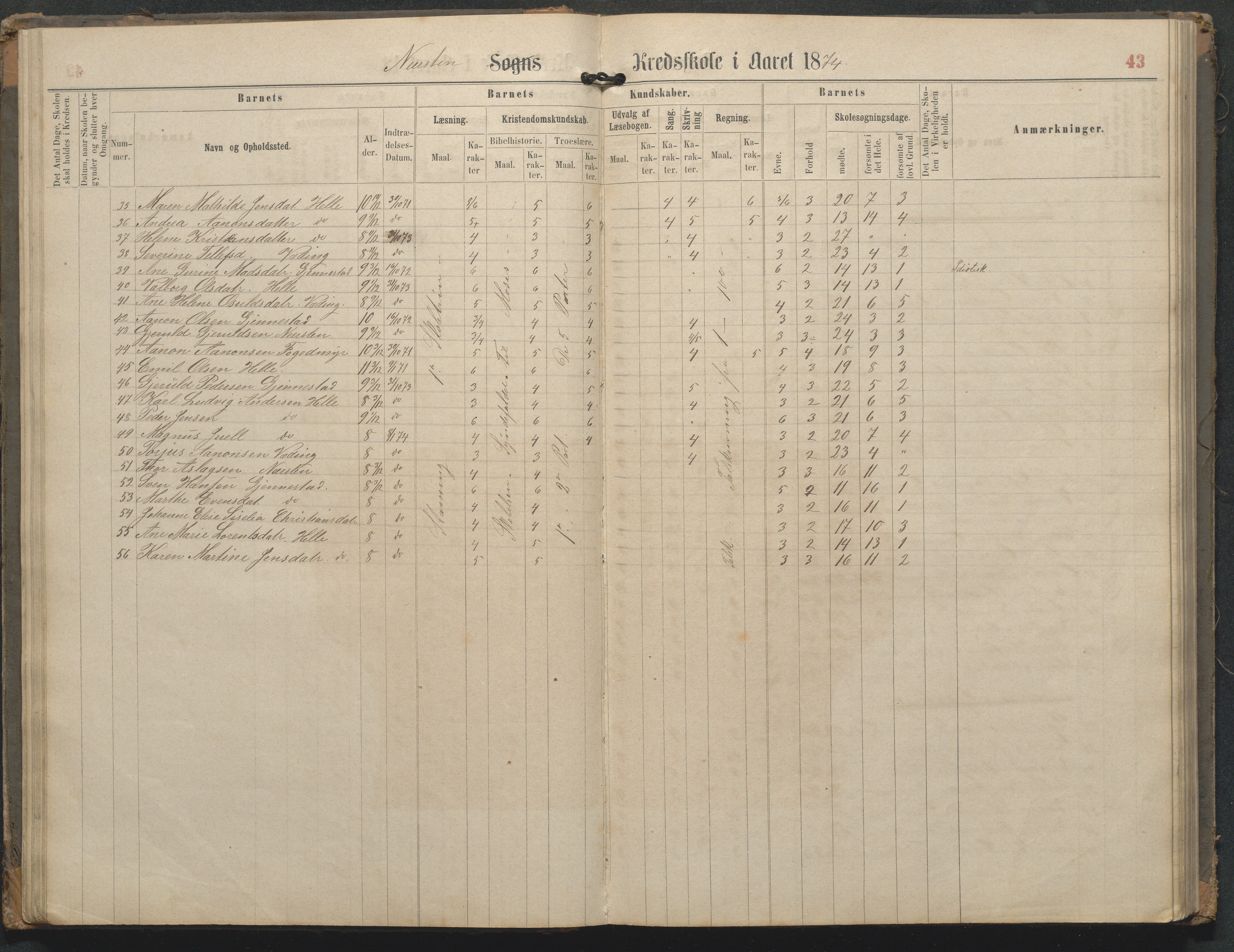 Øyestad kommune frem til 1979, AAKS/KA0920-PK/06/06L/L0002: Skoleprotokoll, 1863-1899, p. 43