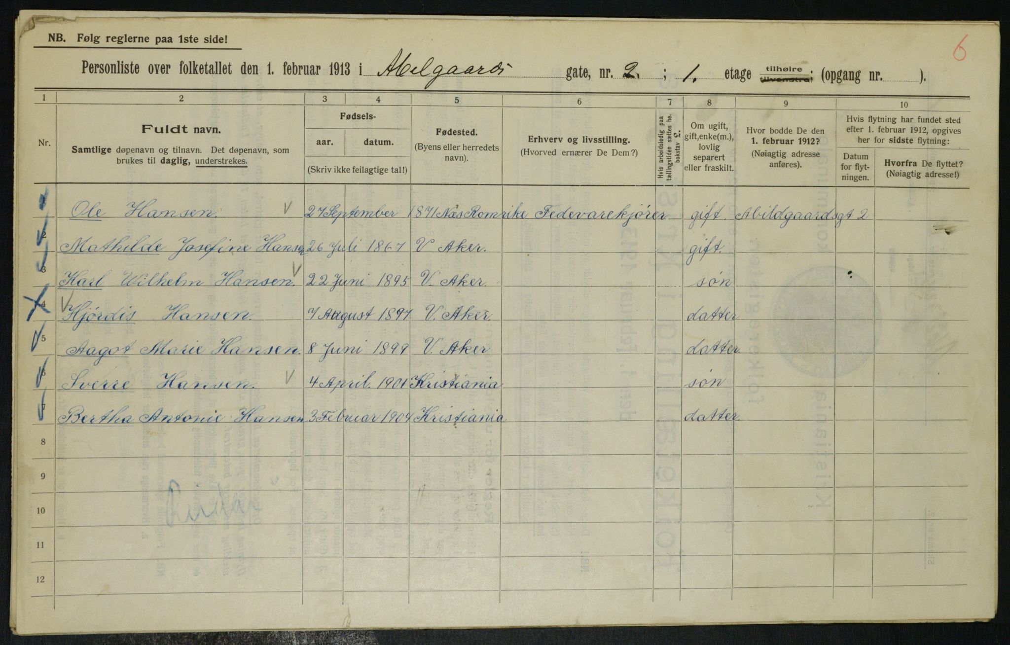 OBA, Municipal Census 1913 for Kristiania, 1913, p. 6