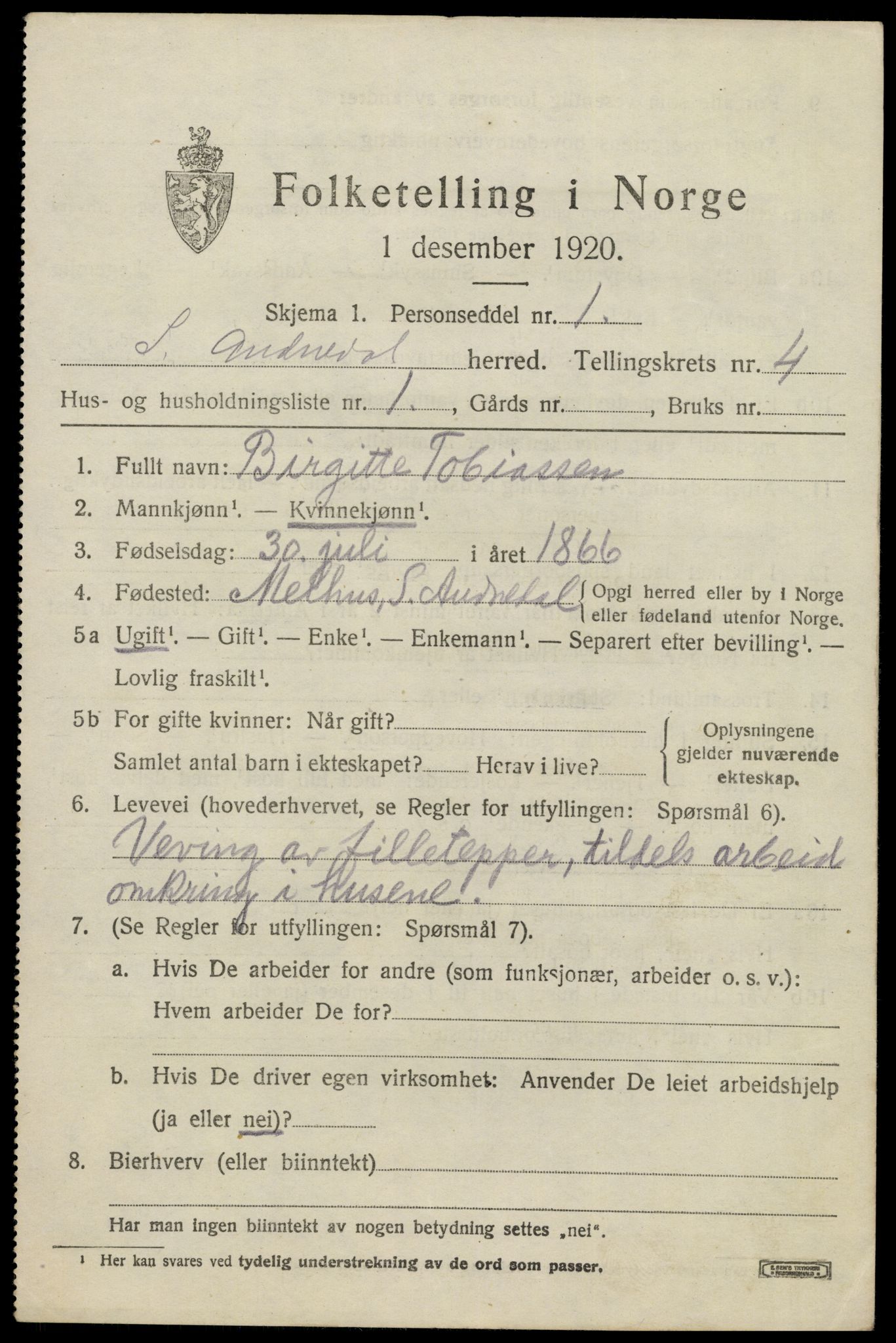 SAK, 1920 census for Sør-Audnedal, 1920, p. 2177