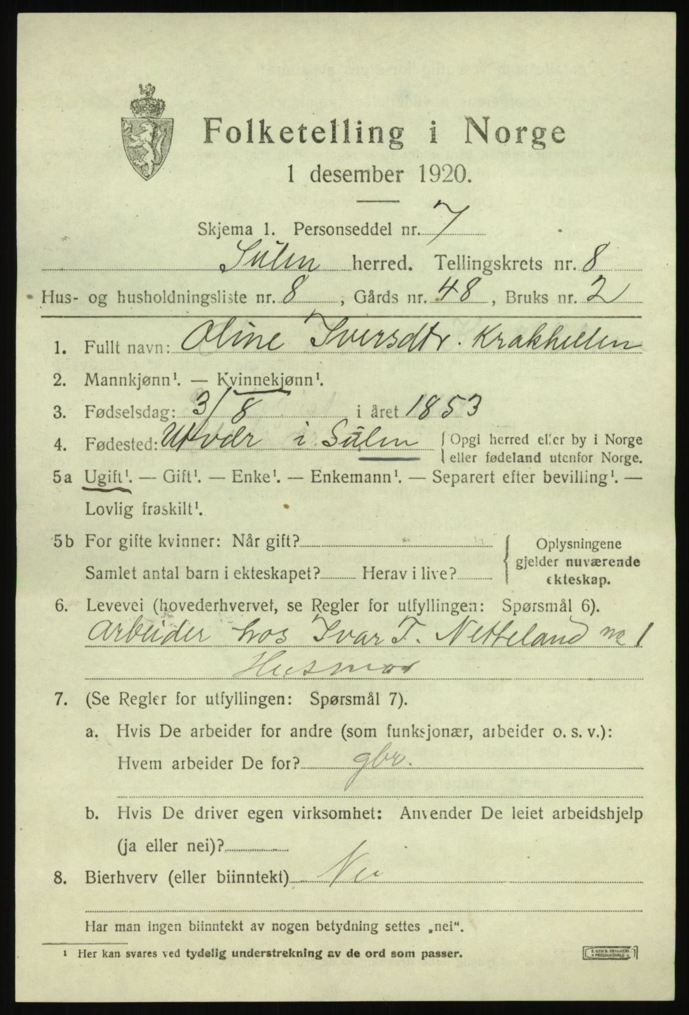 SAB, 1920 census for Solund, 1920, p. 3242