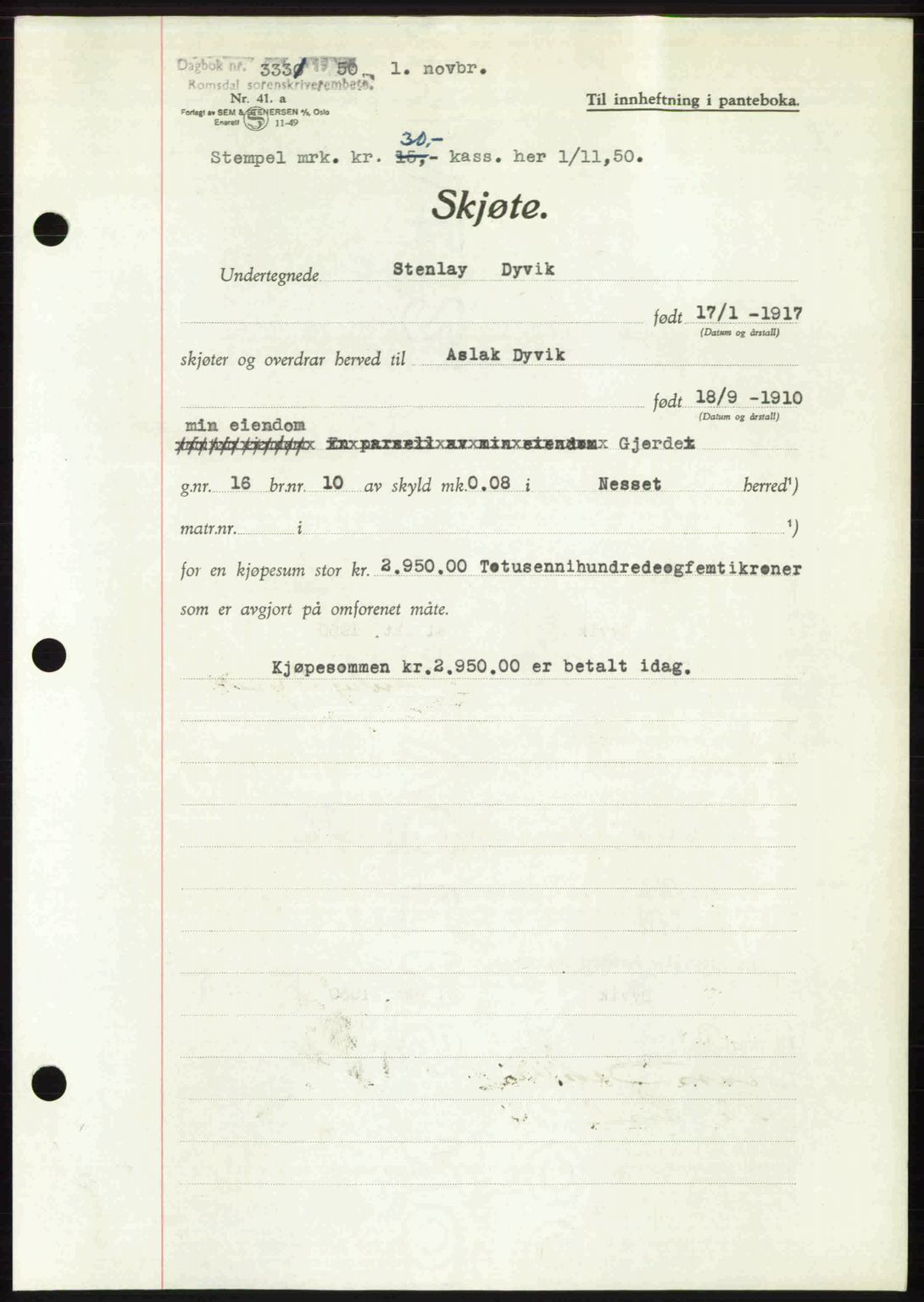 Romsdal sorenskriveri, AV/SAT-A-4149/1/2/2C: Mortgage book no. A34, 1950-1950, Diary no: : 3331/1950