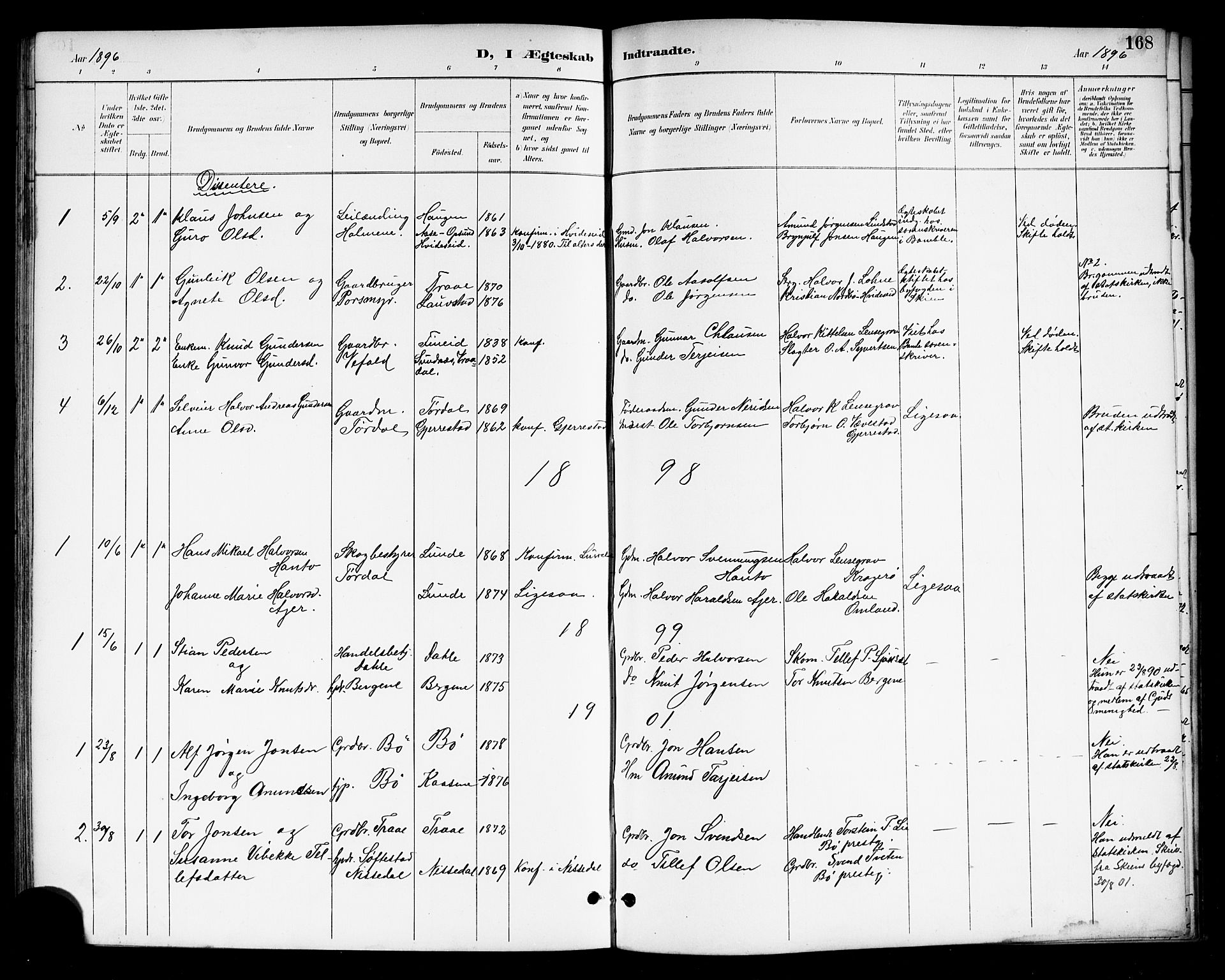 Drangedal kirkebøker, SAKO/A-258/G/Gb/L0002: Parish register (copy) no. II 2, 1895-1918, p. 168