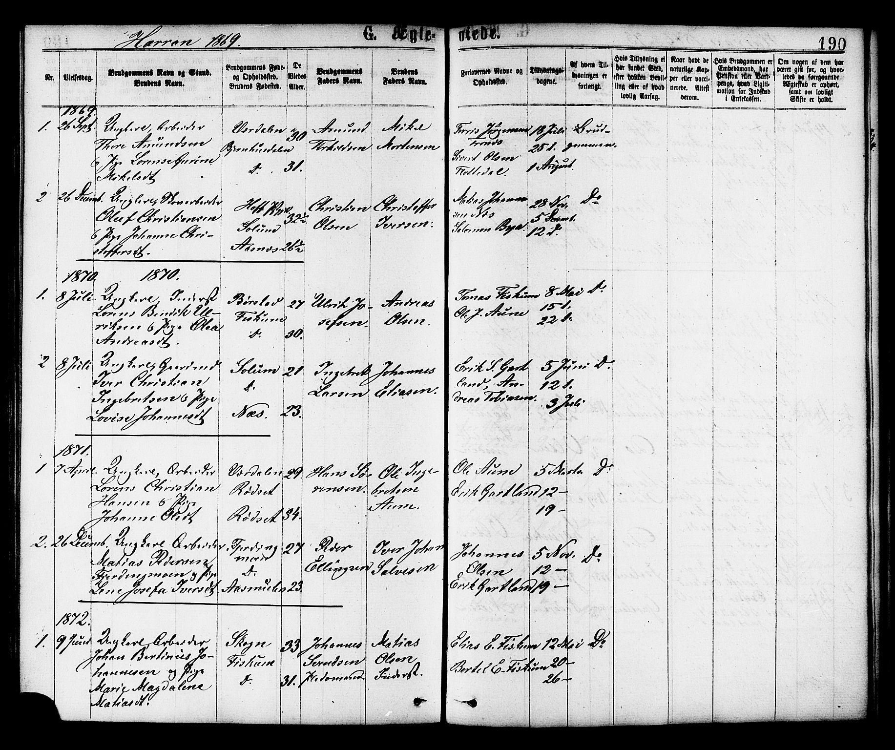 Ministerialprotokoller, klokkerbøker og fødselsregistre - Nord-Trøndelag, SAT/A-1458/758/L0516: Parish register (official) no. 758A03 /3, 1869-1879, p. 190