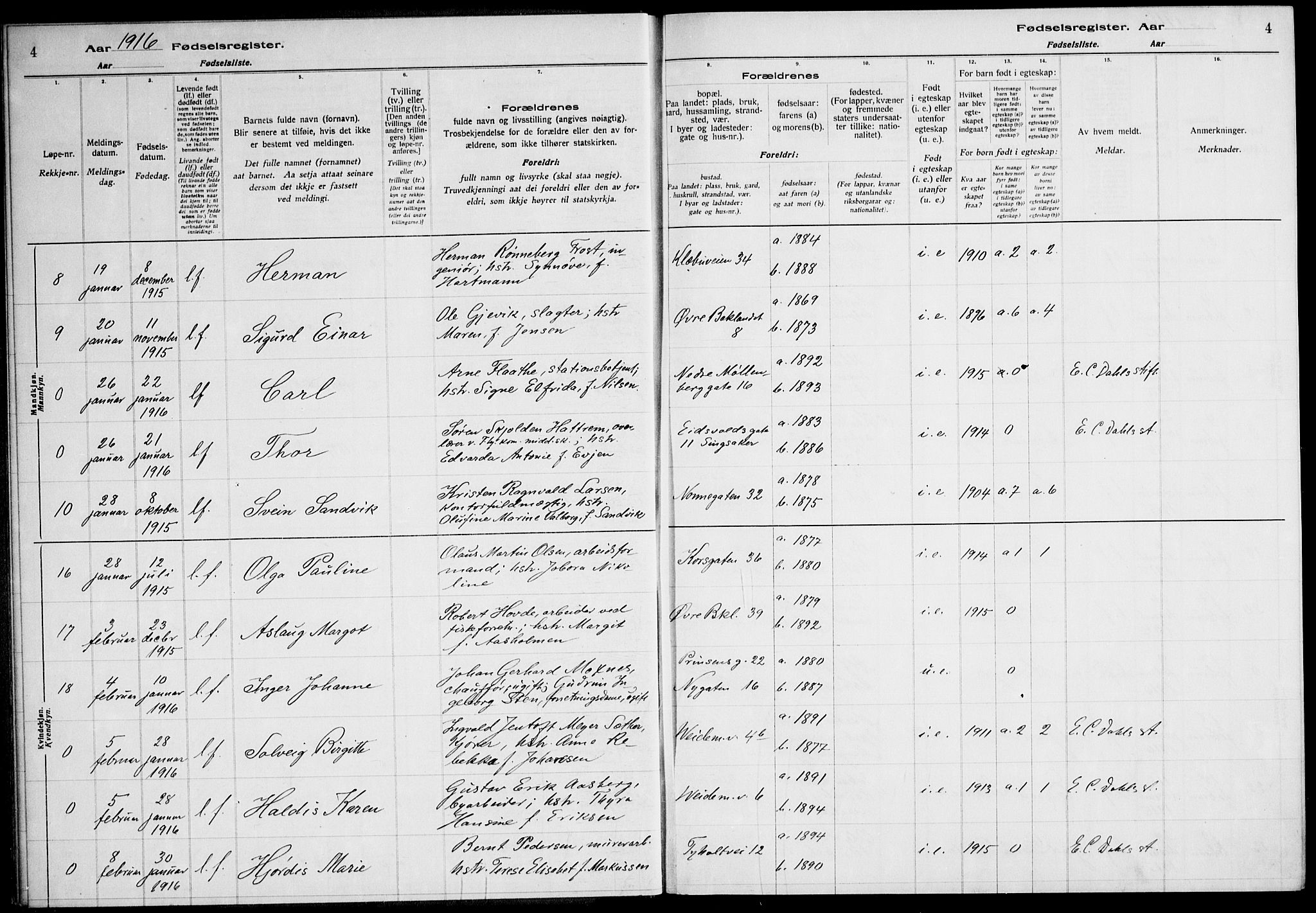 Ministerialprotokoller, klokkerbøker og fødselsregistre - Sør-Trøndelag, AV/SAT-A-1456/604/L0232: Birth register no. 604.II.4.1, 1916-1920, p. 4