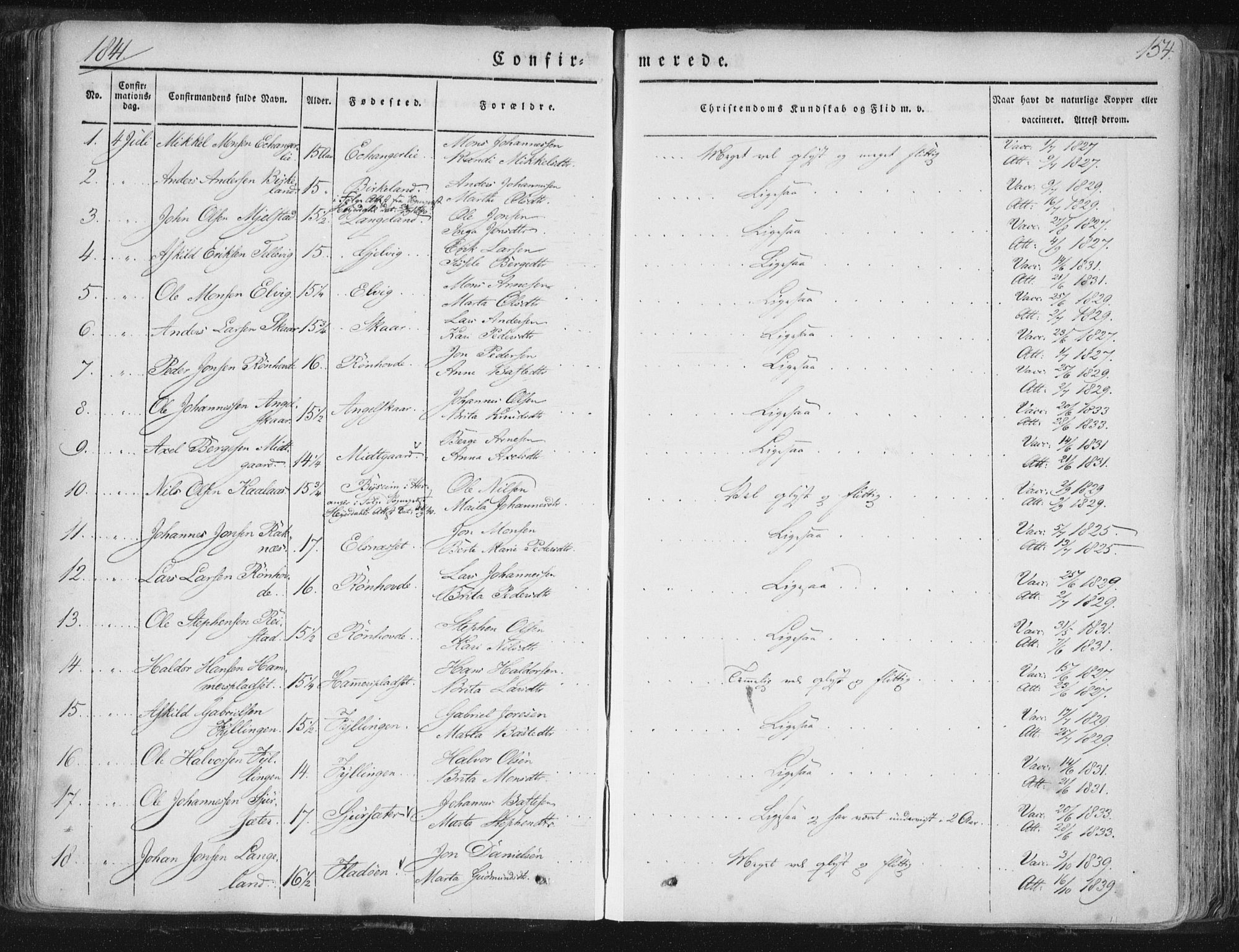 Hamre sokneprestembete, SAB/A-75501/H/Ha/Haa/Haaa/L0012: Parish register (official) no. A 12, 1834-1845, p. 154