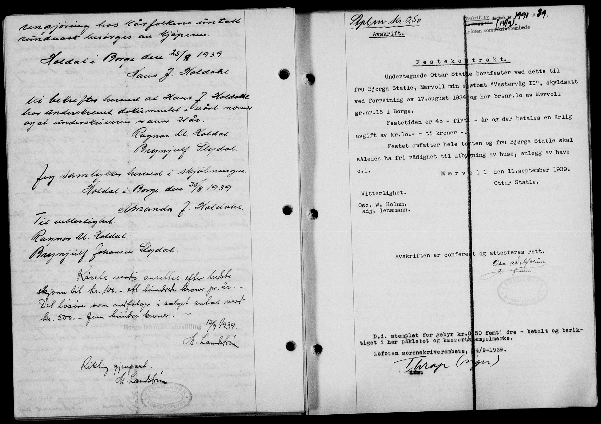 Lofoten sorenskriveri, SAT/A-0017/1/2/2C/L0006a: Mortgage book no. 6a, 1939-1939, Diary no: : 1991/1939