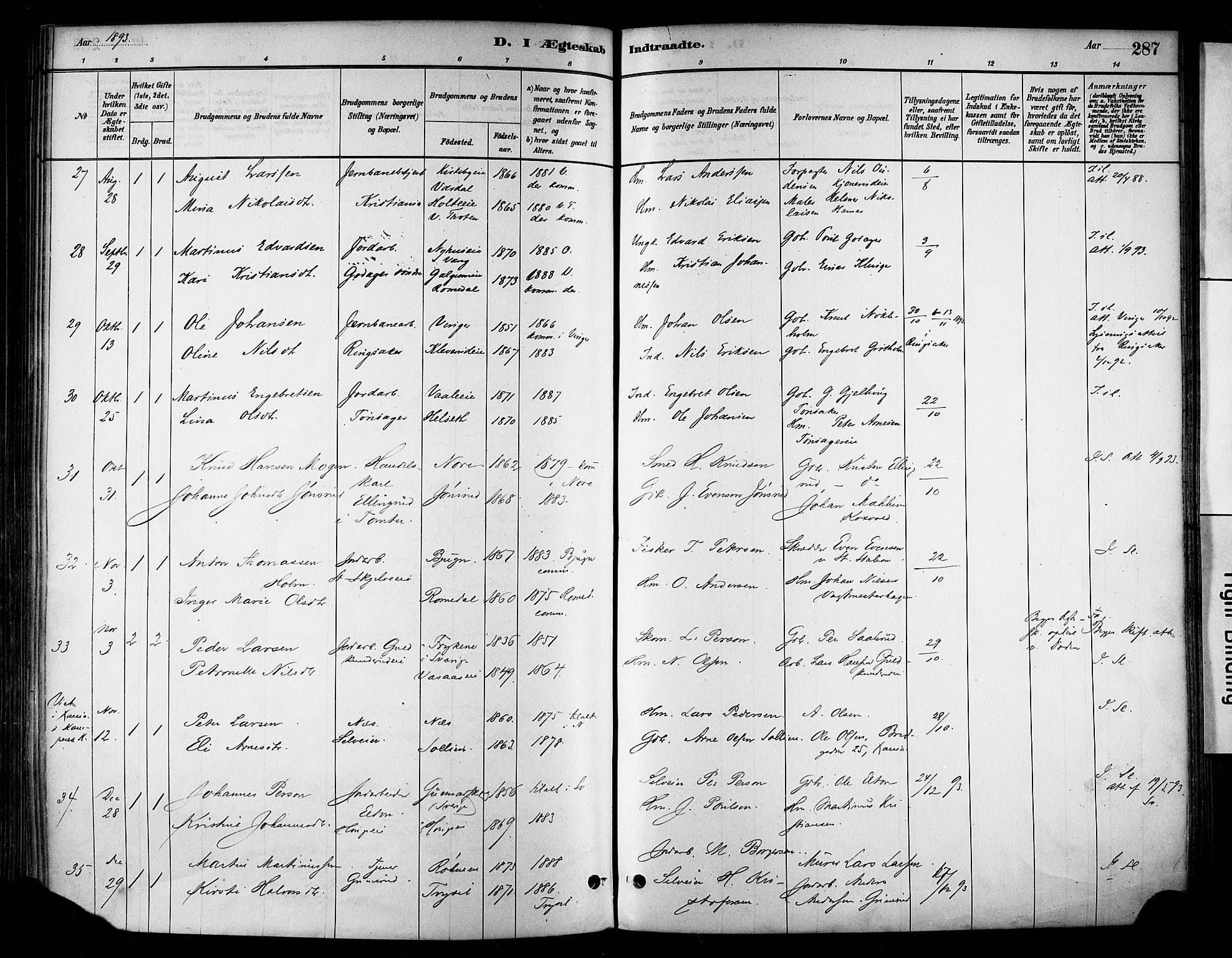 Stange prestekontor, SAH/PREST-002/K/L0017: Parish register (official) no. 17, 1880-1893, p. 287