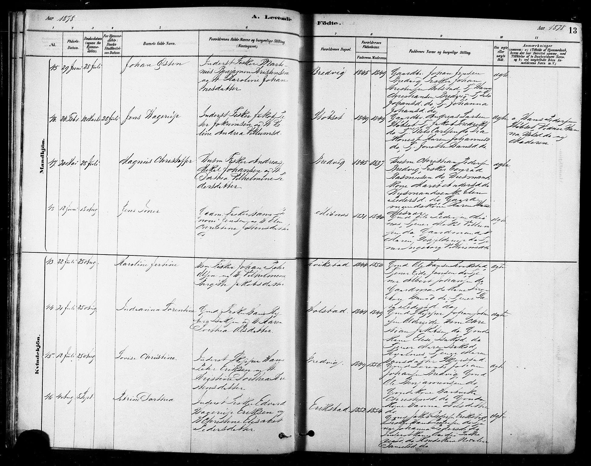 Ministerialprotokoller, klokkerbøker og fødselsregistre - Nordland, AV/SAT-A-1459/852/L0740: Parish register (official) no. 852A10, 1878-1894, p. 13