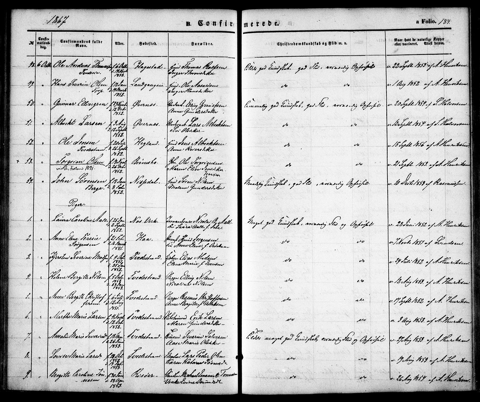 Holt sokneprestkontor, AV/SAK-1111-0021/F/Fa/L0009: Parish register (official) no. A 9, 1861-1871, p. 184