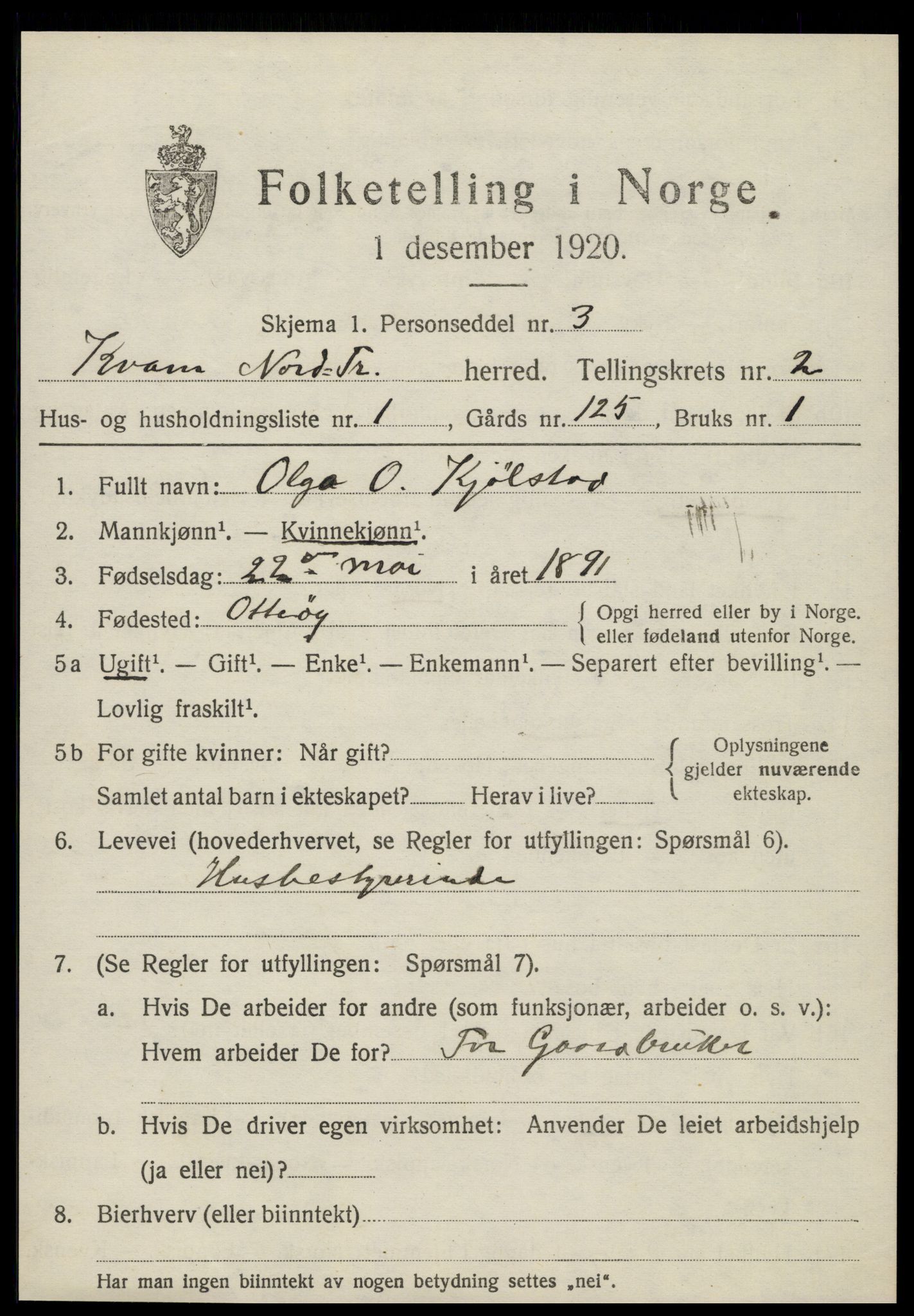 SAT, 1920 census for Kvam, 1920, p. 681