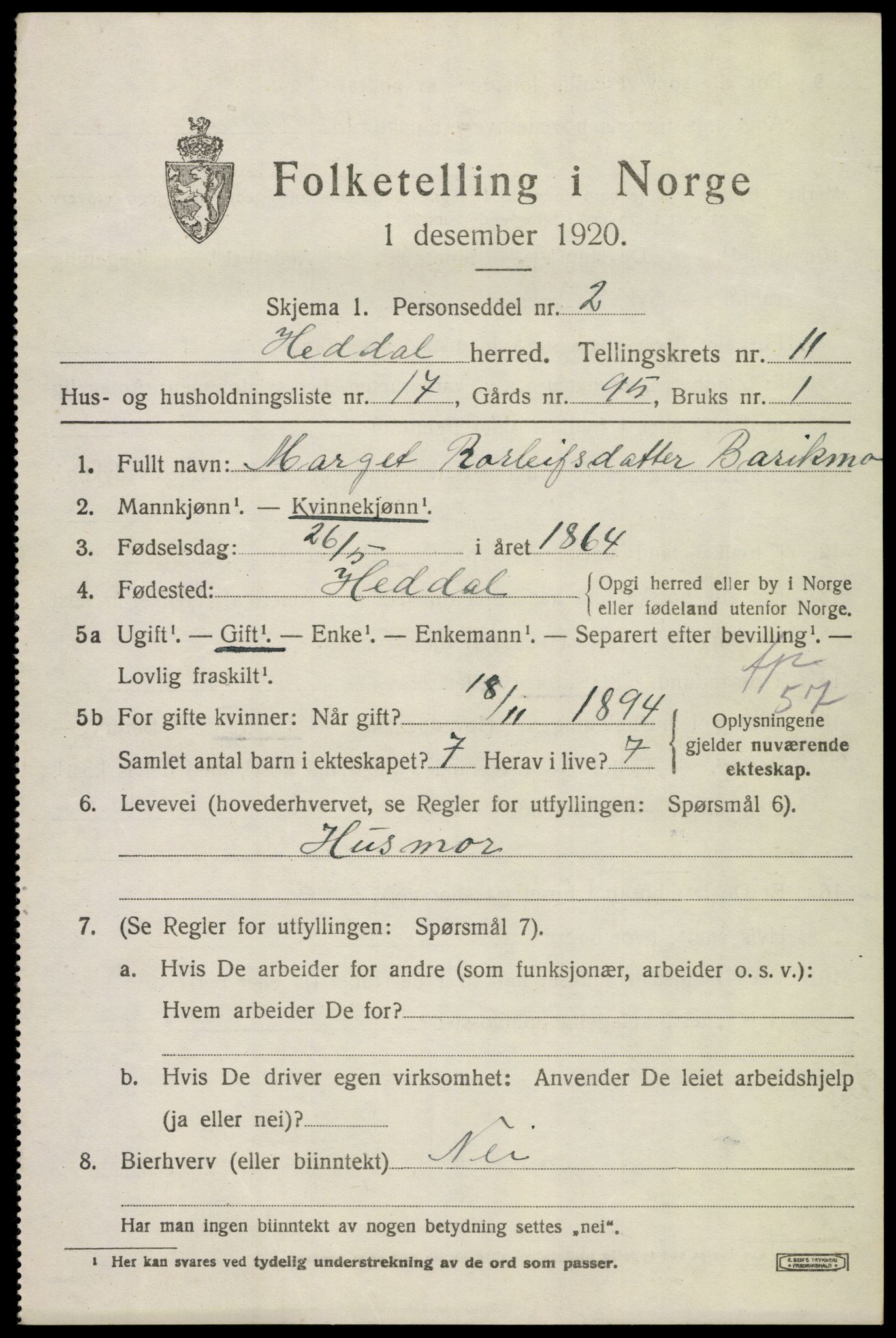 SAKO, 1920 census for Heddal, 1920, p. 7932