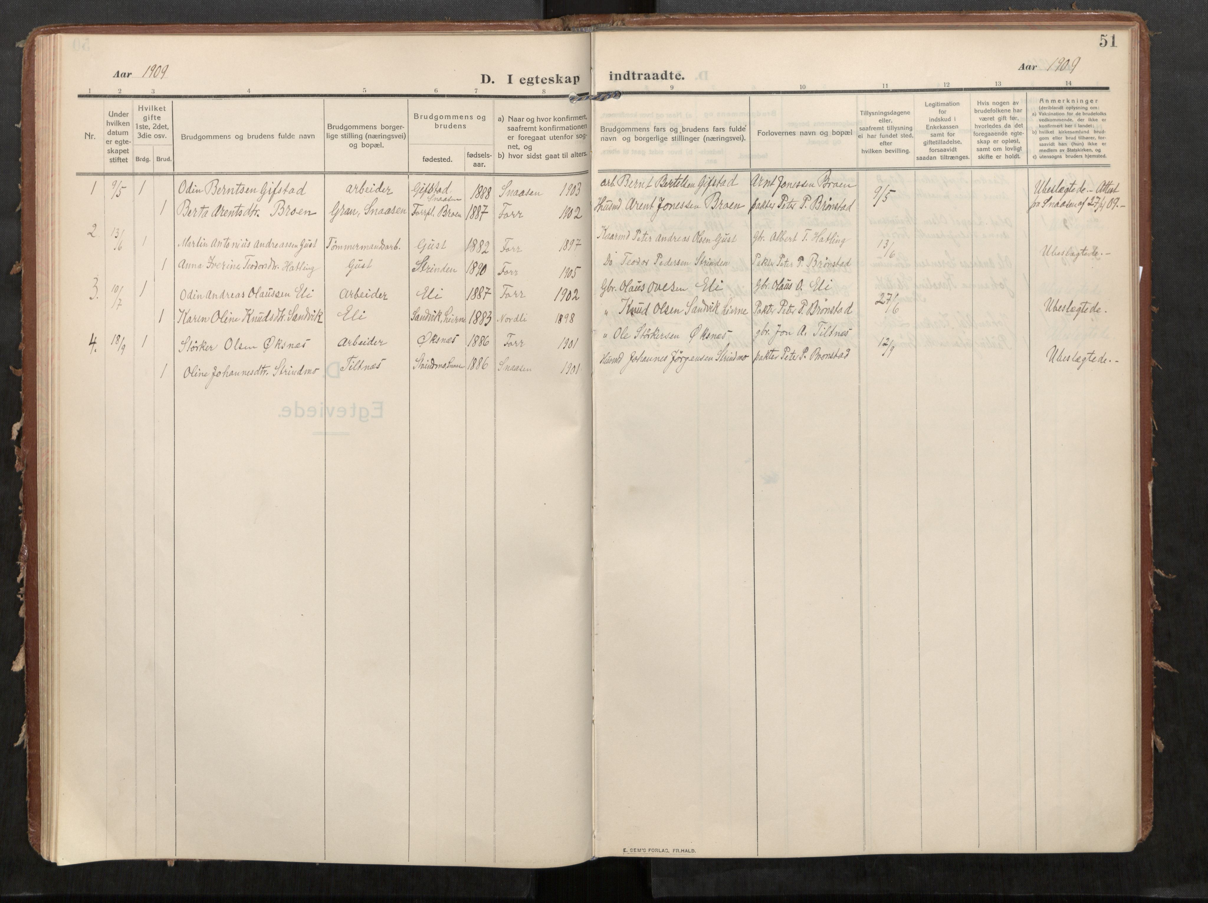 Stod sokneprestkontor, SAT/A-1164/1/I/I1/I1a/L0002: Parish register (official) no. 2, 1909-1922, p. 51