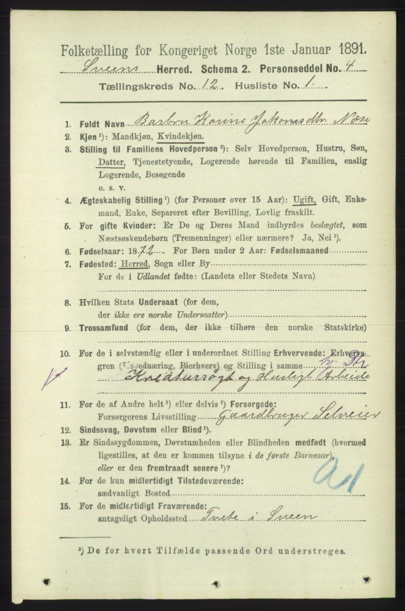 RA, 1891 census for 1216 Sveio, 1891, p. 3433