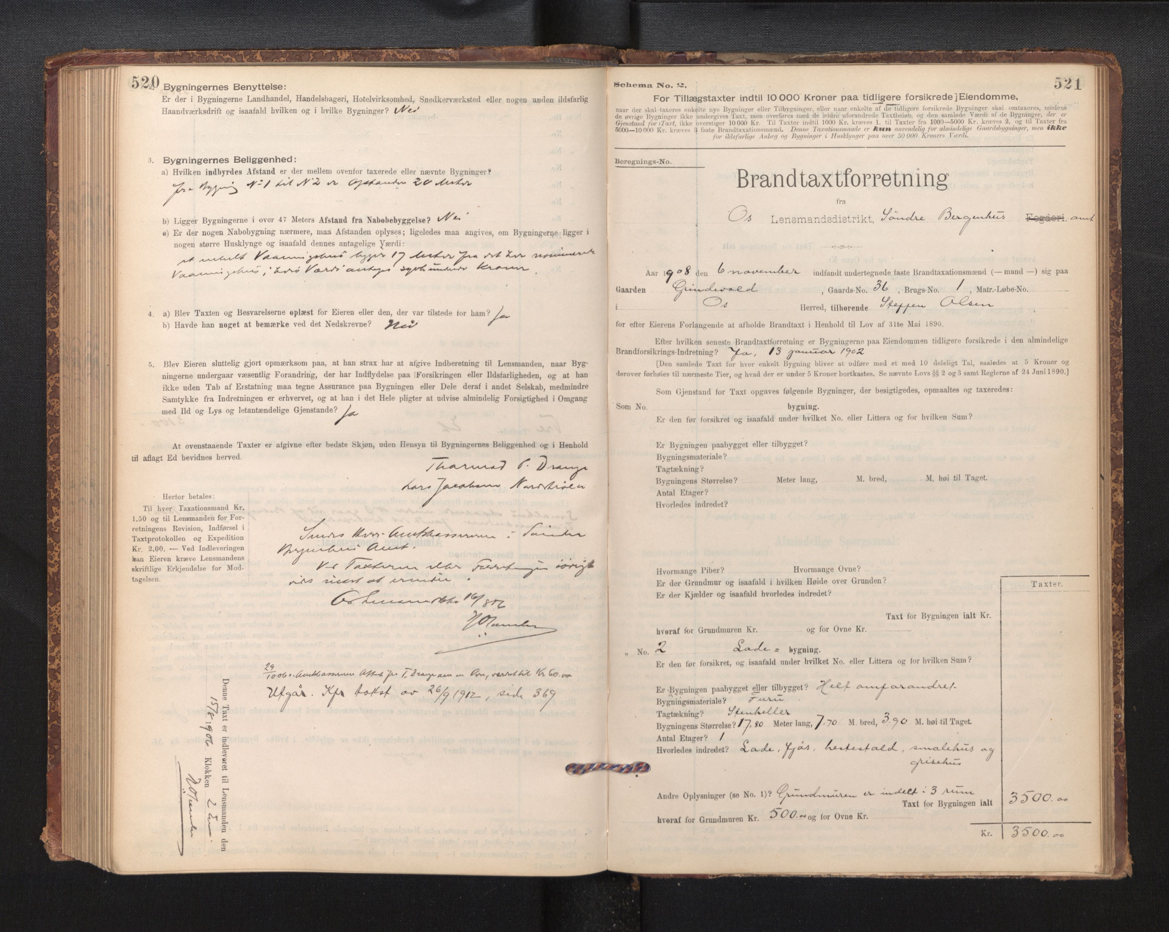 Lensmannen i Os, SAB/A-34101/0012/L0008: Branntakstprotokoll, skjematakst, 1894-1915, p. 520-521