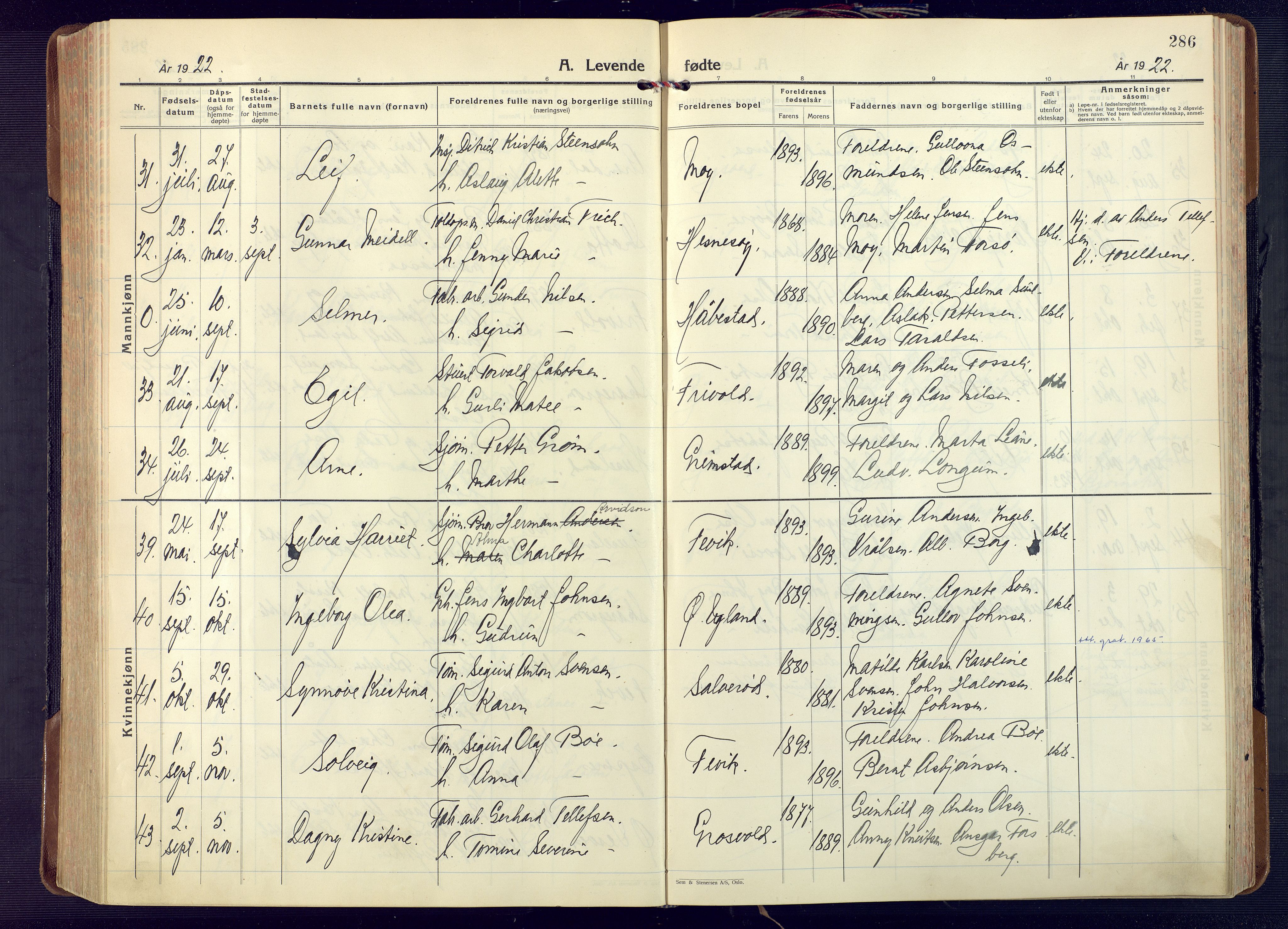 Fjære sokneprestkontor, AV/SAK-1111-0011/F/Fa/L0004: Parish register (official) no. A 4, 1902-1925, p. 286