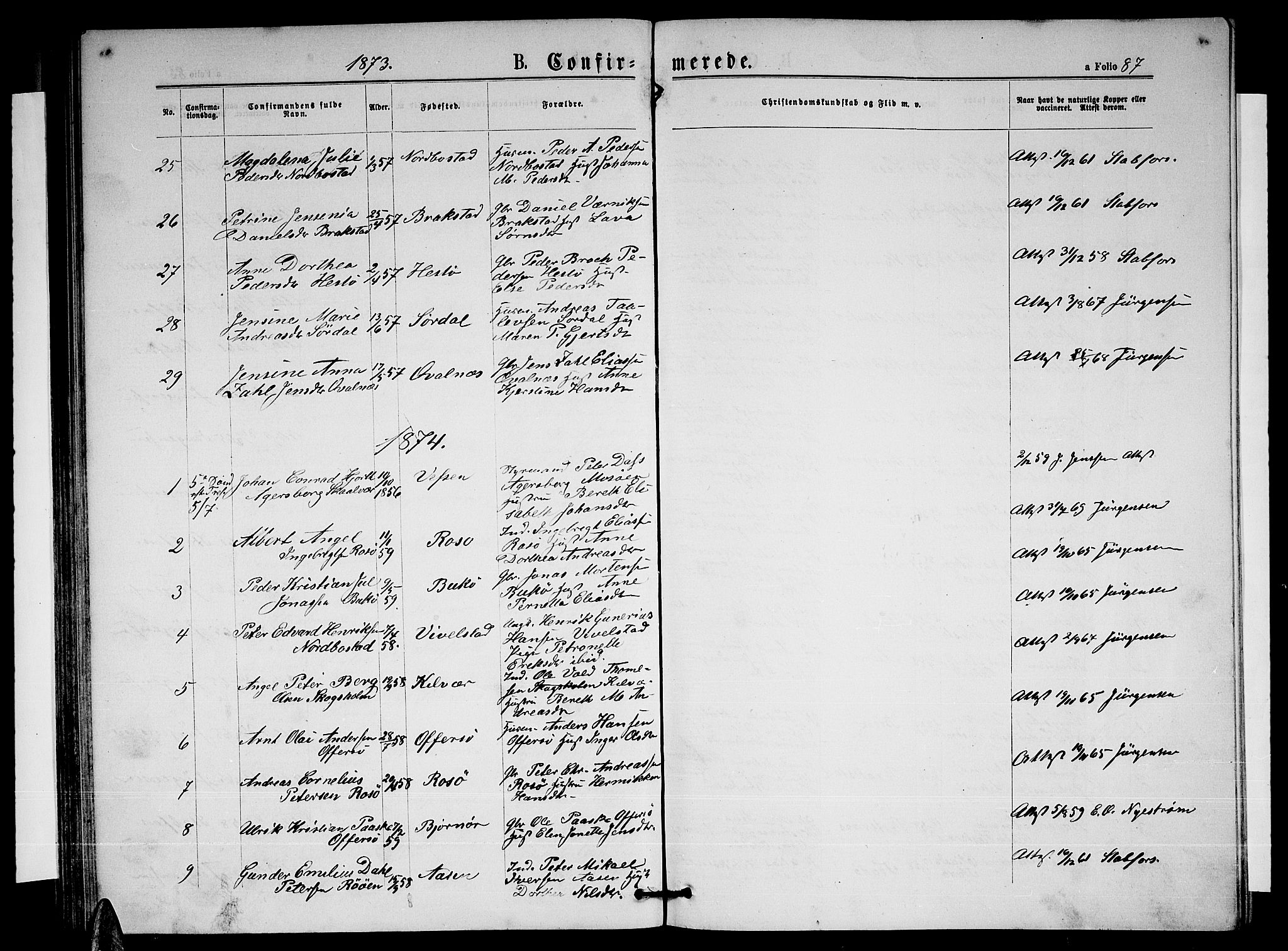 Ministerialprotokoller, klokkerbøker og fødselsregistre - Nordland, AV/SAT-A-1459/817/L0267: Parish register (copy) no. 817C02, 1870-1883, p. 87