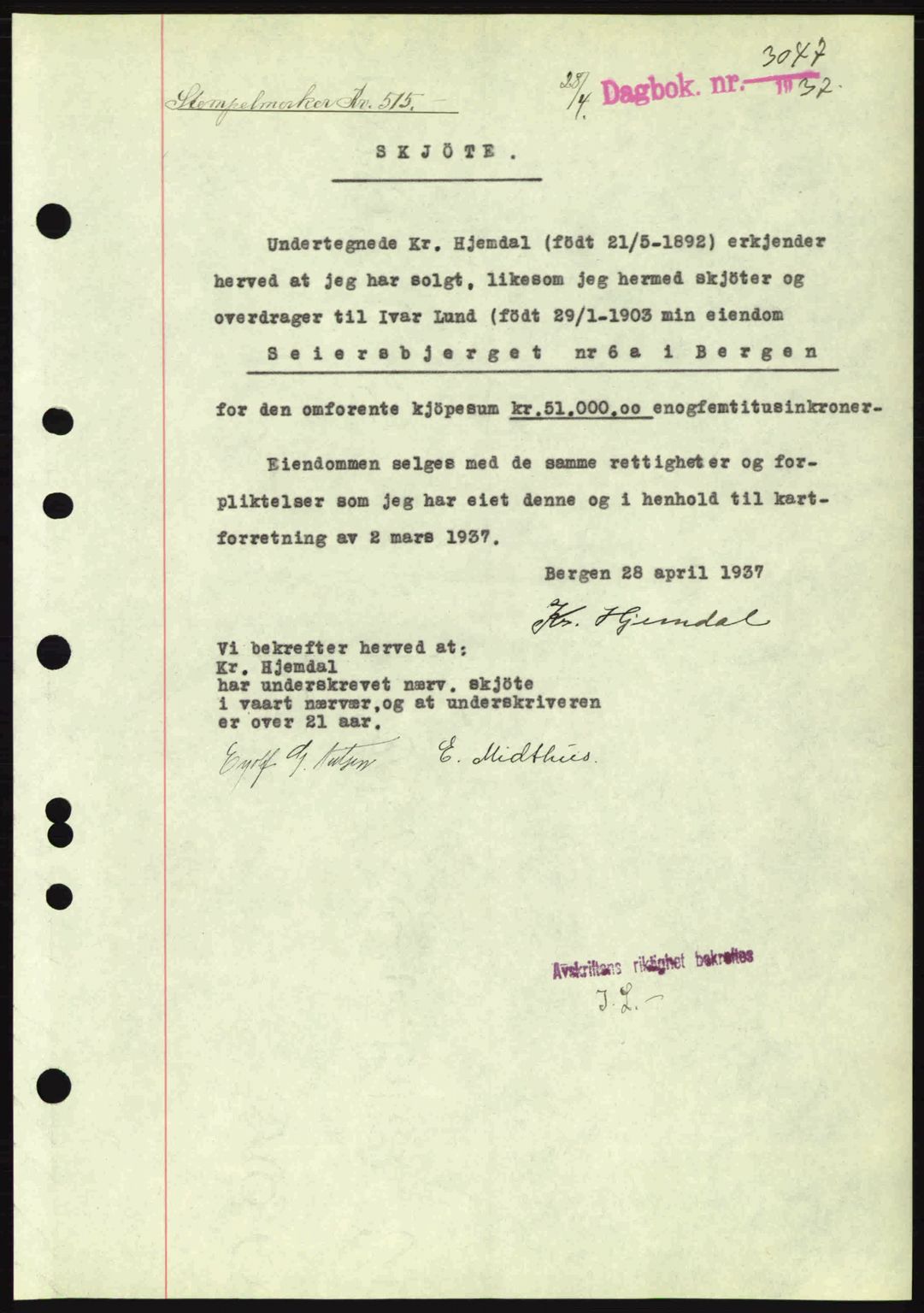 Byfogd og Byskriver i Bergen, SAB/A-3401/03/03Bc/L0004: Mortgage book no. A3-4, 1936-1937, Diary no: : 3047/1937