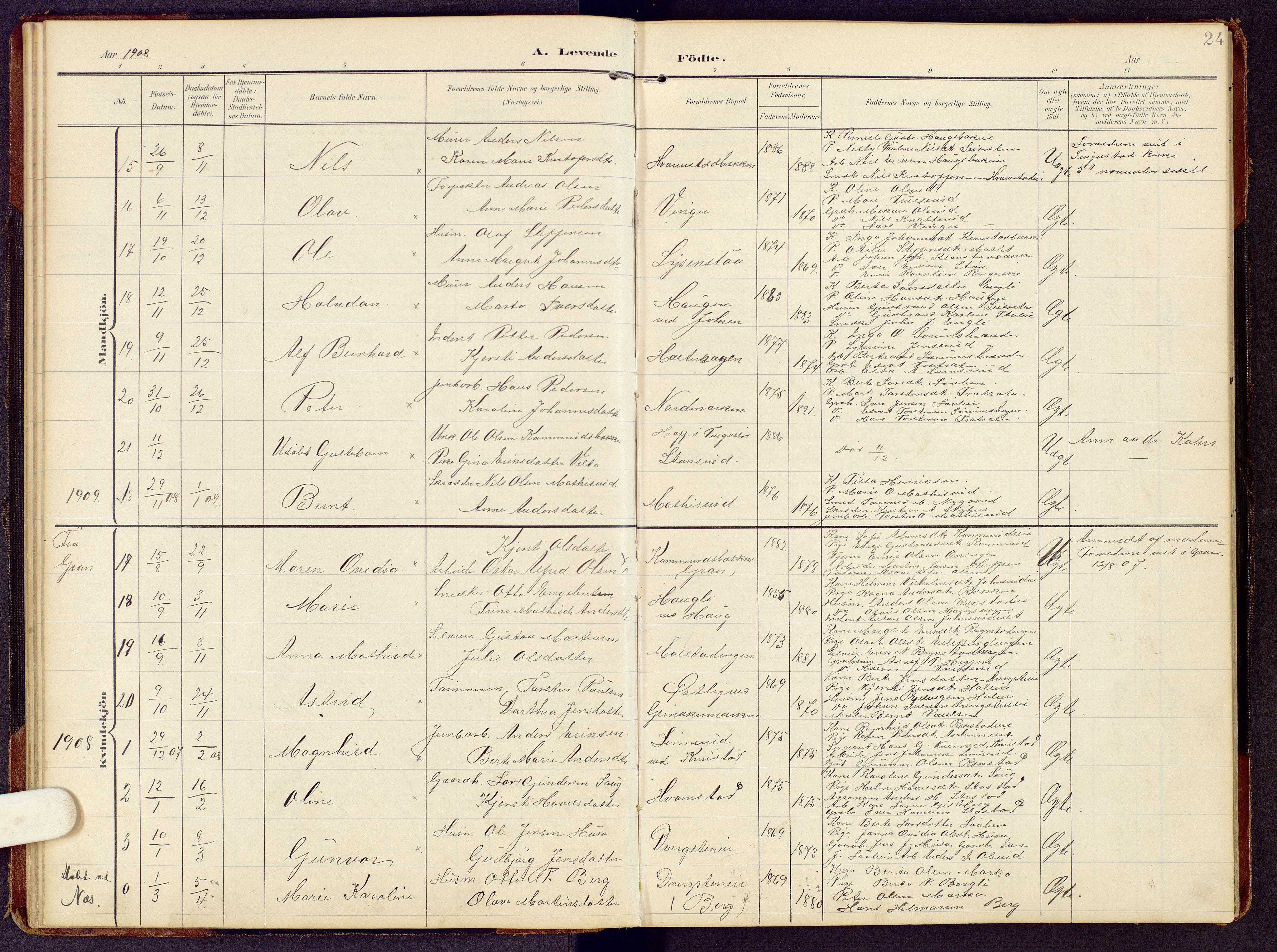 Brandbu prestekontor, SAH/PREST-114/H/Ha/Hab/L0009: Parish register (copy) no. 9, 1903-1916, p. 24