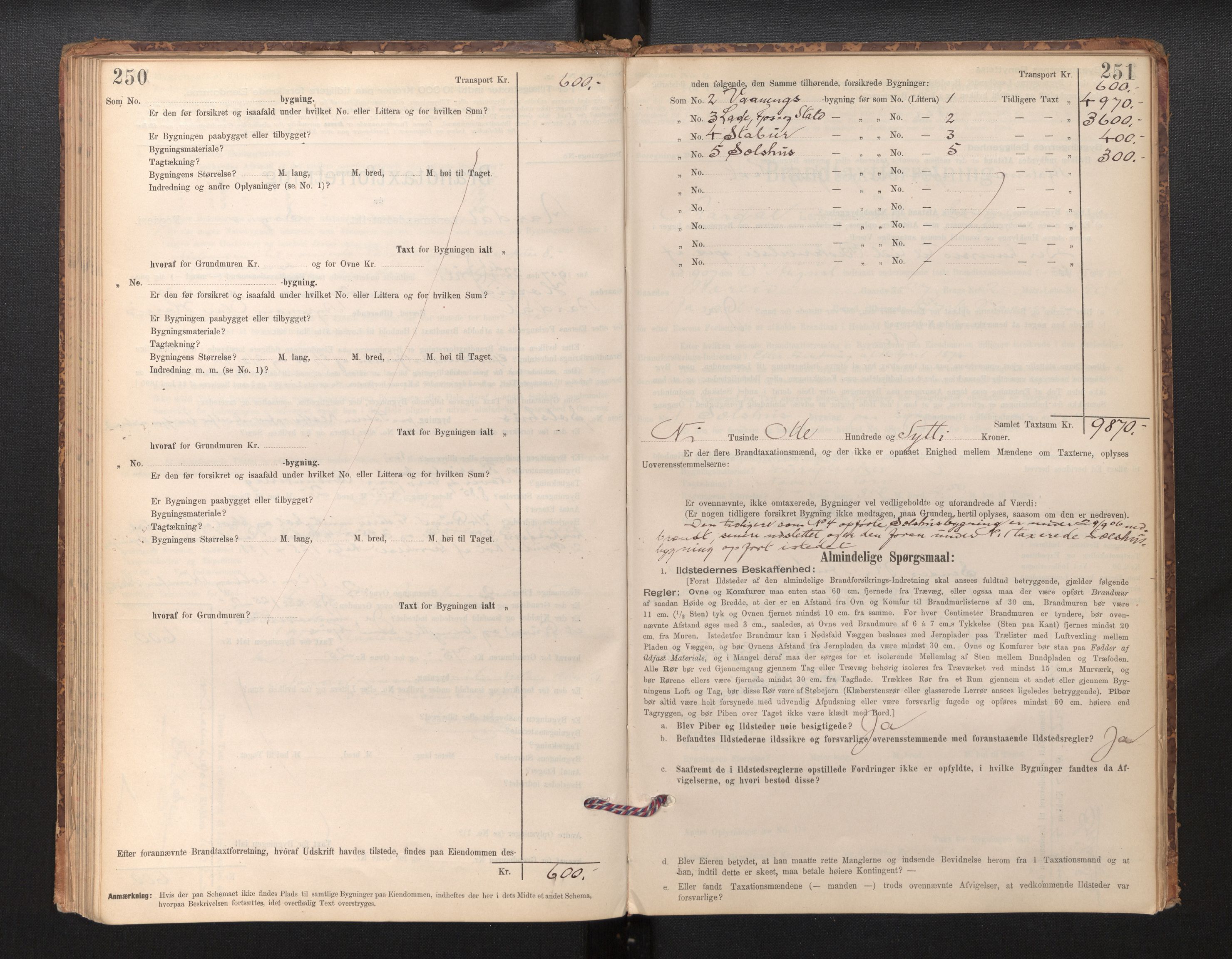 Lensmannen i Årdal, AV/SAB-A-30501/0012/L0008: Branntakstprotokoll, skjematakst, 1895-1915, p. 250-251