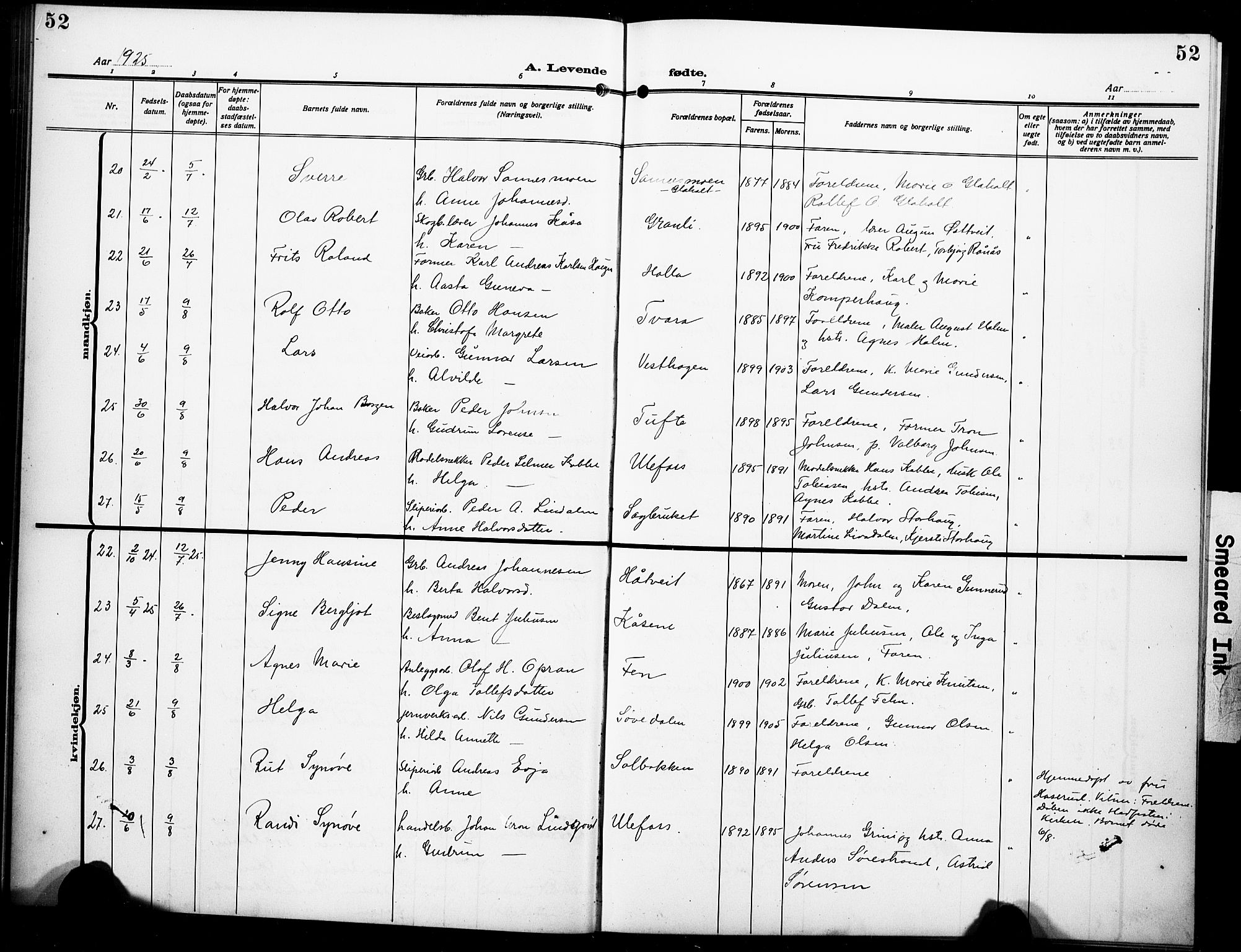 Holla kirkebøker, SAKO/A-272/G/Ga/L0006: Parish register (copy) no. I 6, 1917-1928, p. 52