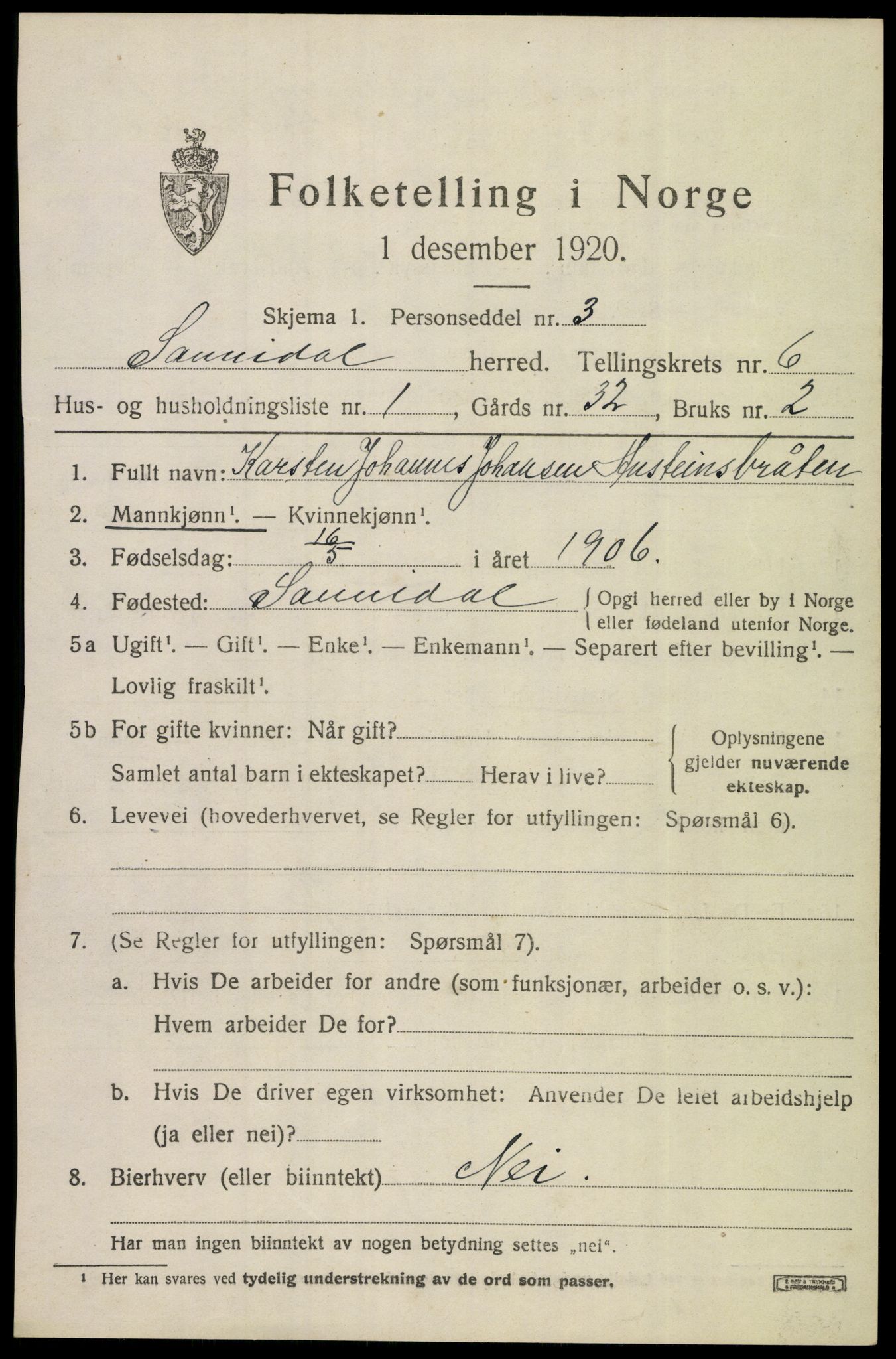 SAKO, 1920 census for Sannidal, 1920, p. 4679