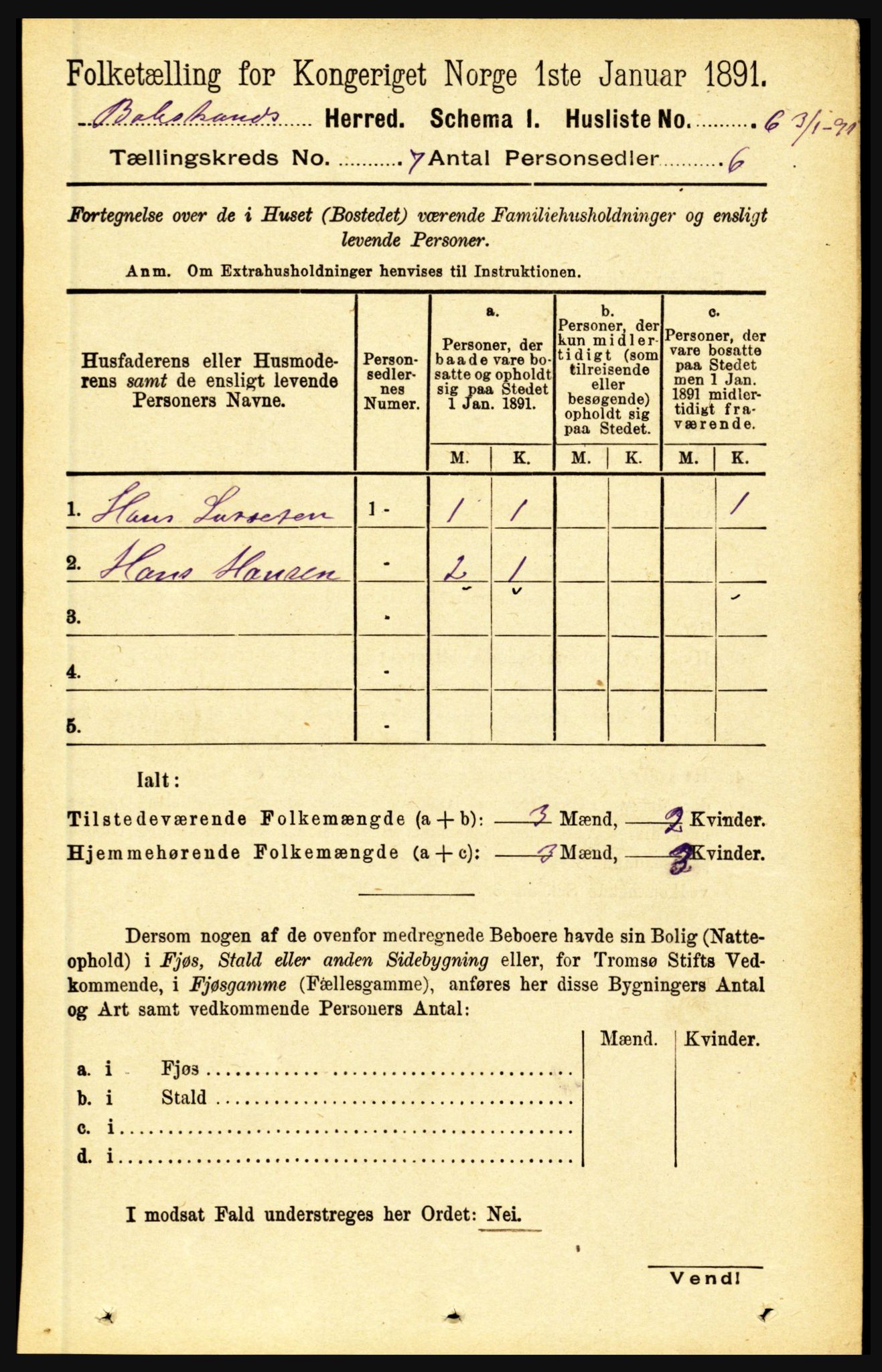 RA, 1891 census for 1418 Balestrand, 1891, p. 1485