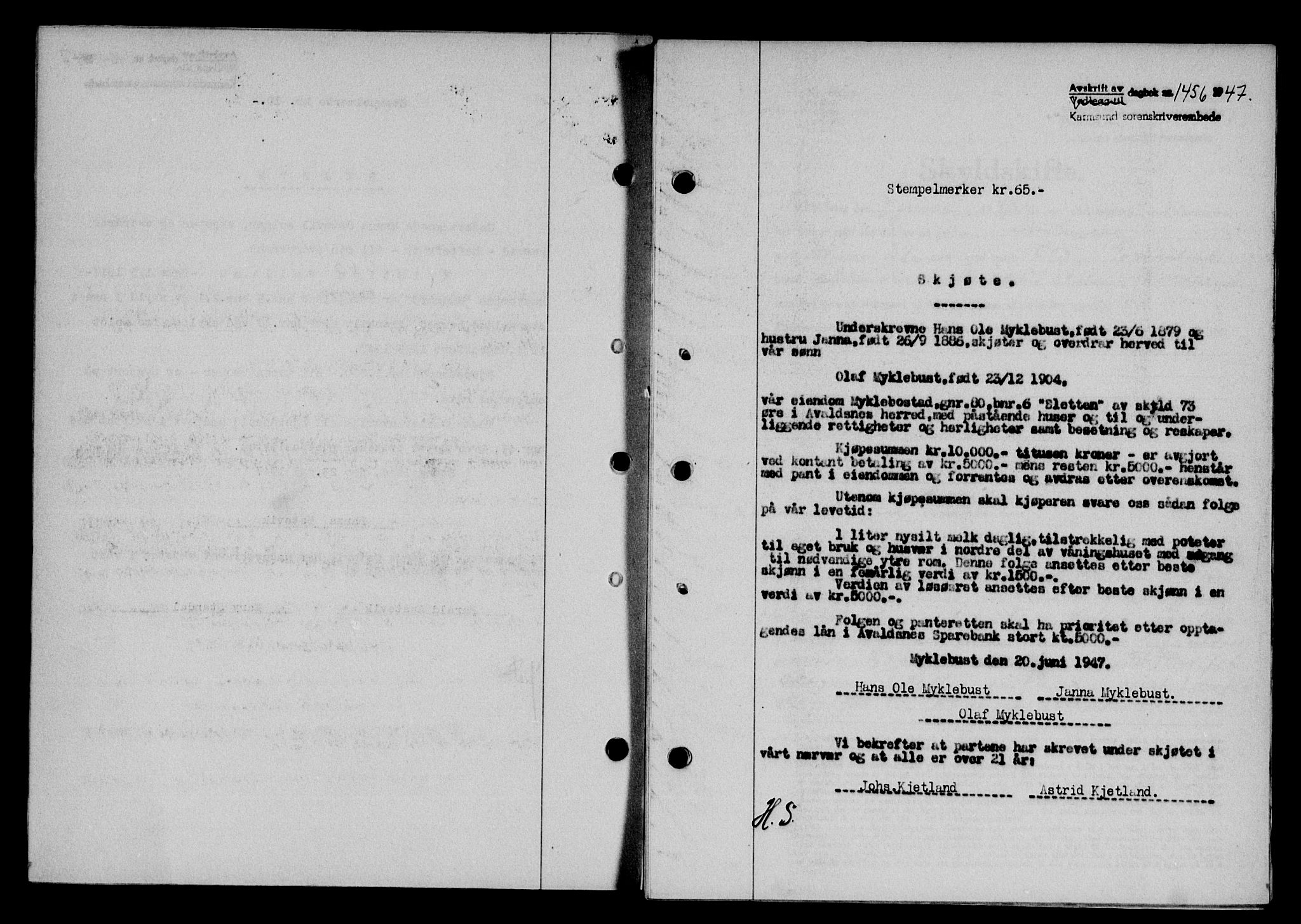 Karmsund sorenskriveri, SAST/A-100311/01/II/IIB/L0090: Mortgage book no. 70A, 1947-1947, Diary no: : 1456/1947