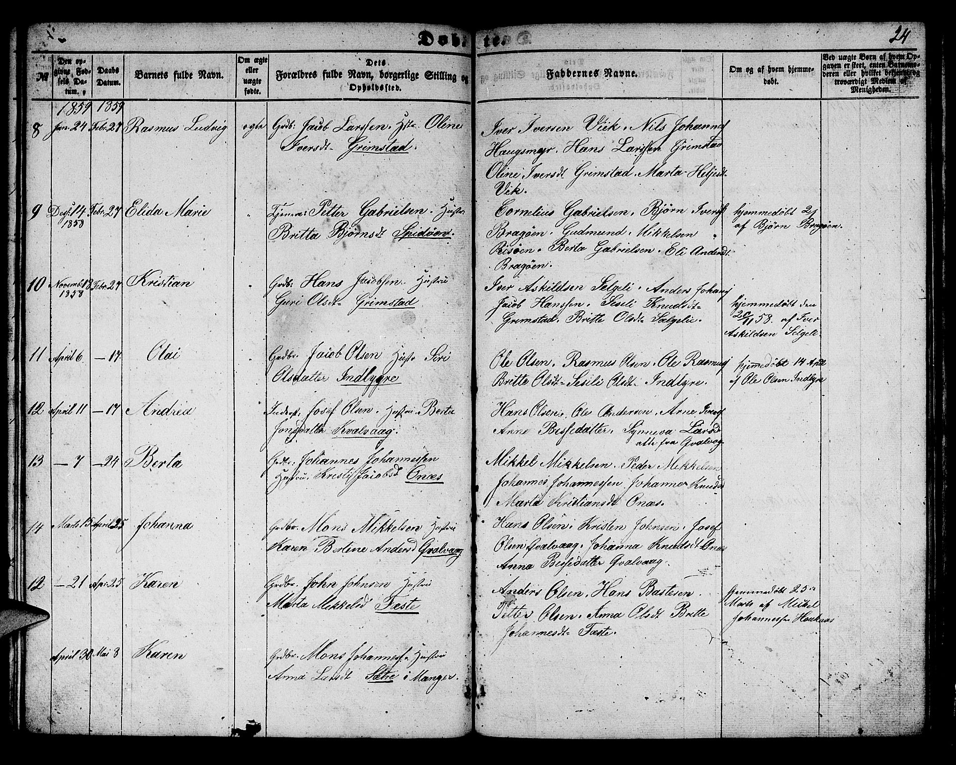 Alversund Sokneprestembete, SAB/A-73901/H/Ha/Hab: Parish register (copy) no. B 1, 1852-1865, p. 24