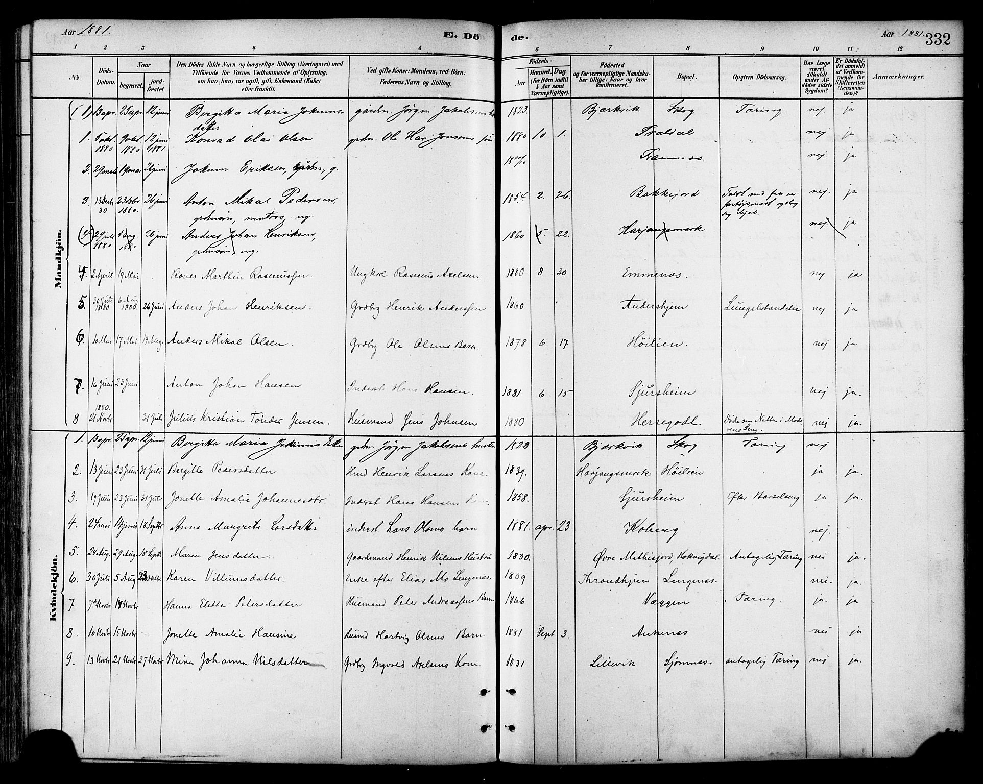 Ministerialprotokoller, klokkerbøker og fødselsregistre - Nordland, AV/SAT-A-1459/866/L0938: Parish register (official) no. 866A01, 1879-1893, p. 332