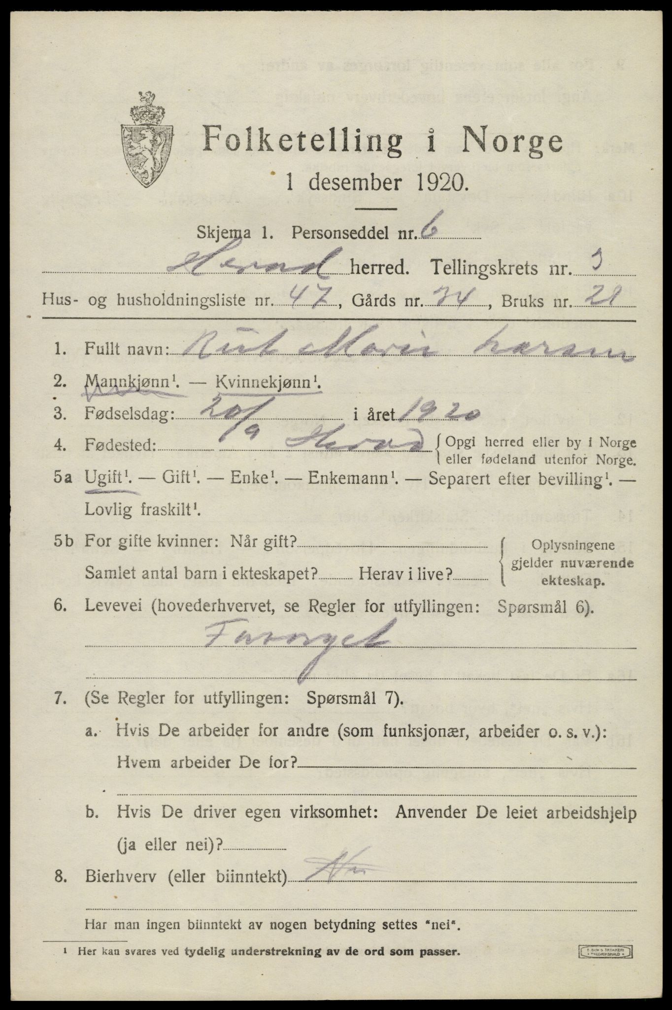 SAK, 1920 census for Herad, 1920, p. 1698