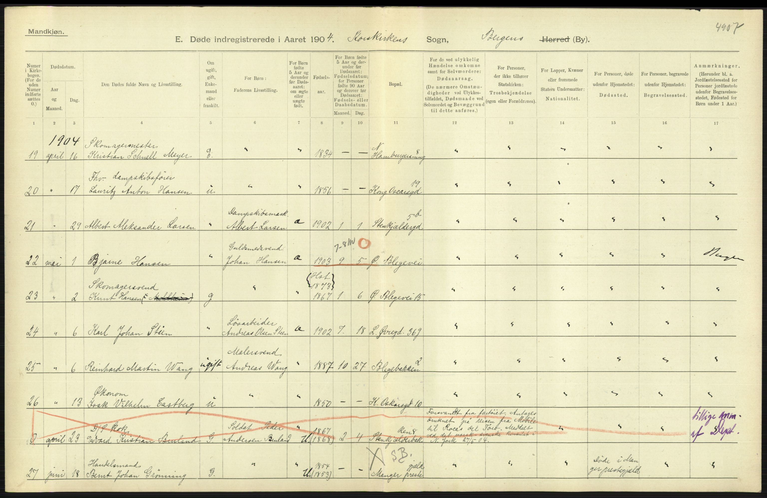 Statistisk sentralbyrå, Sosiodemografiske emner, Befolkning, AV/RA-S-2228/D/Df/Dfa/Dfab/L0014: Bergen: Fødte, gifte, døde, 1904, p. 369