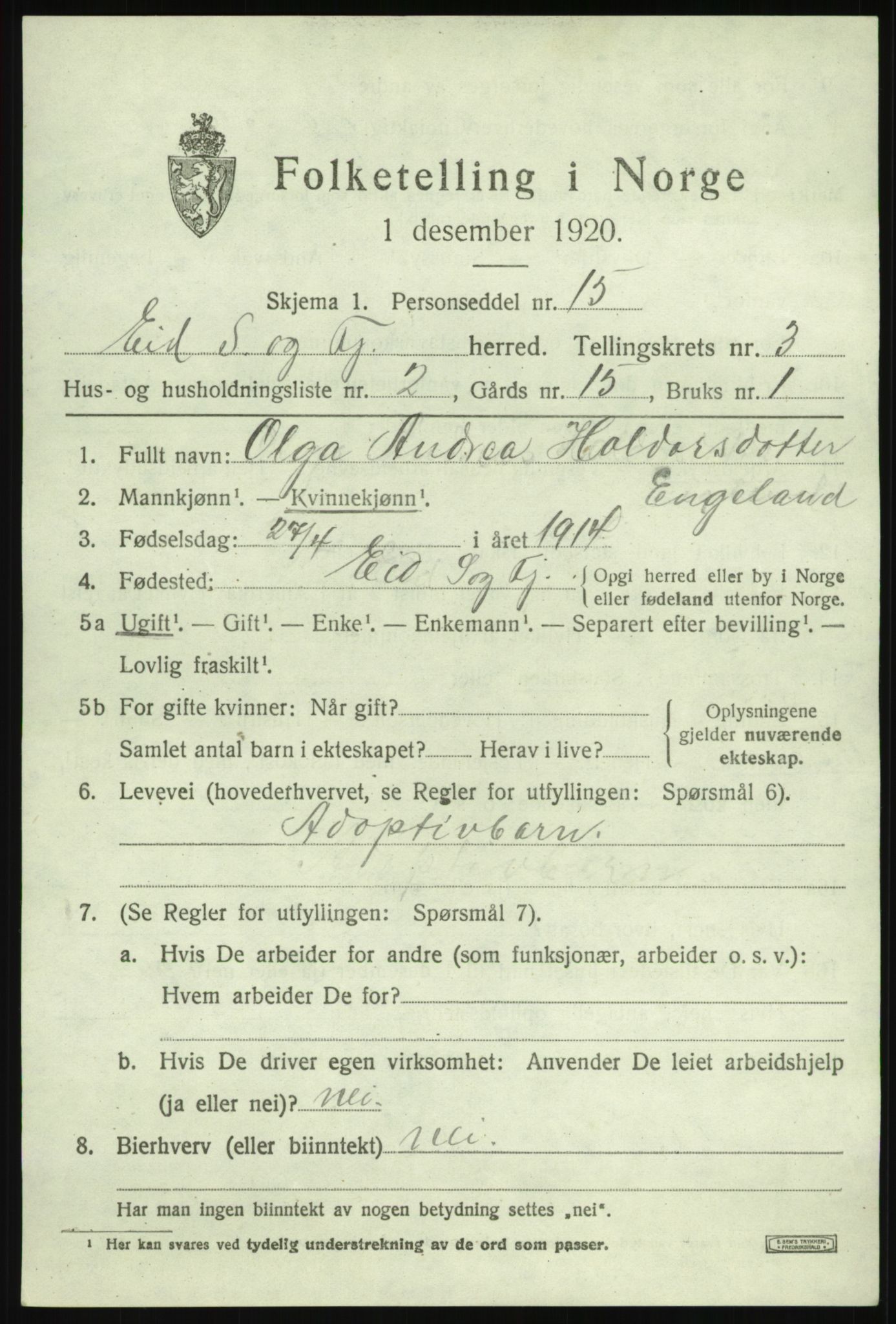 SAB, 1920 census for Eid, 1920, p. 2026