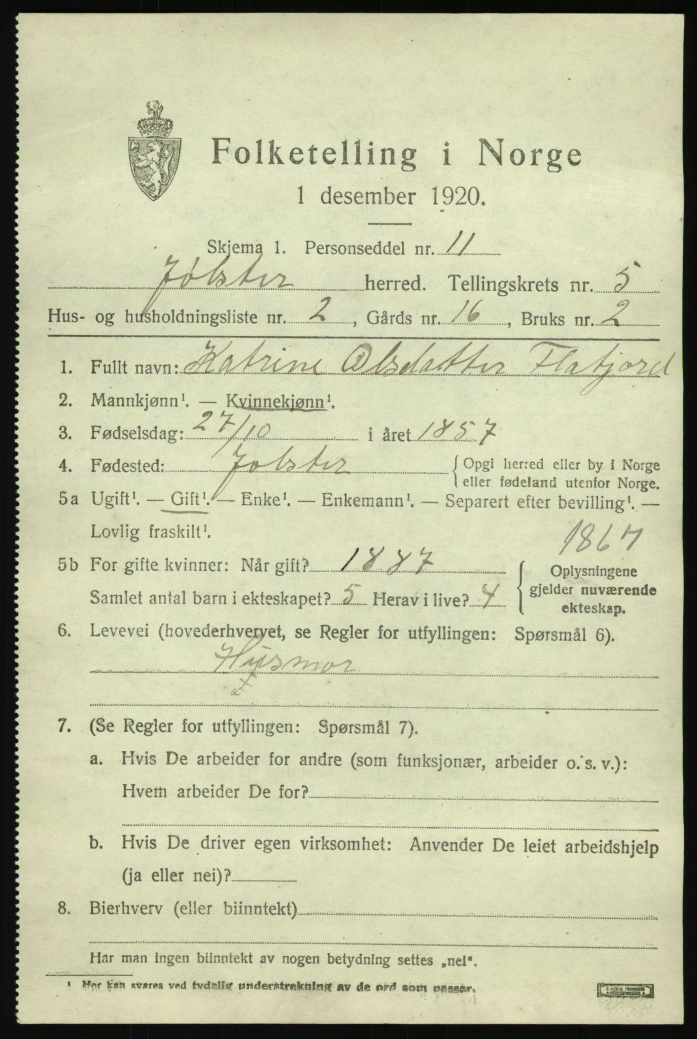 SAB, 1920 census for Jølster, 1920, p. 2960