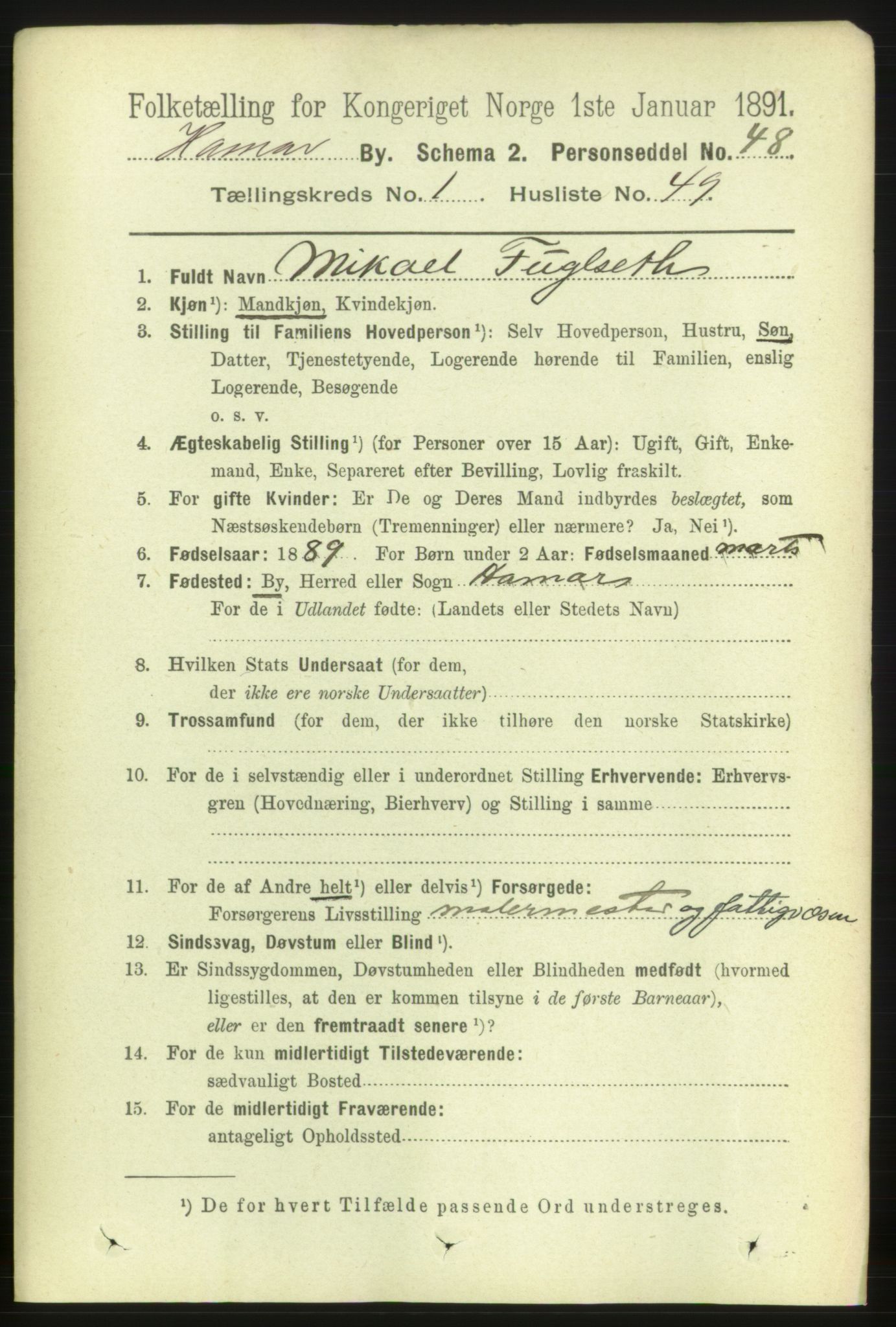 RA, 1891 census for 0401 Hamar, 1891, p. 858