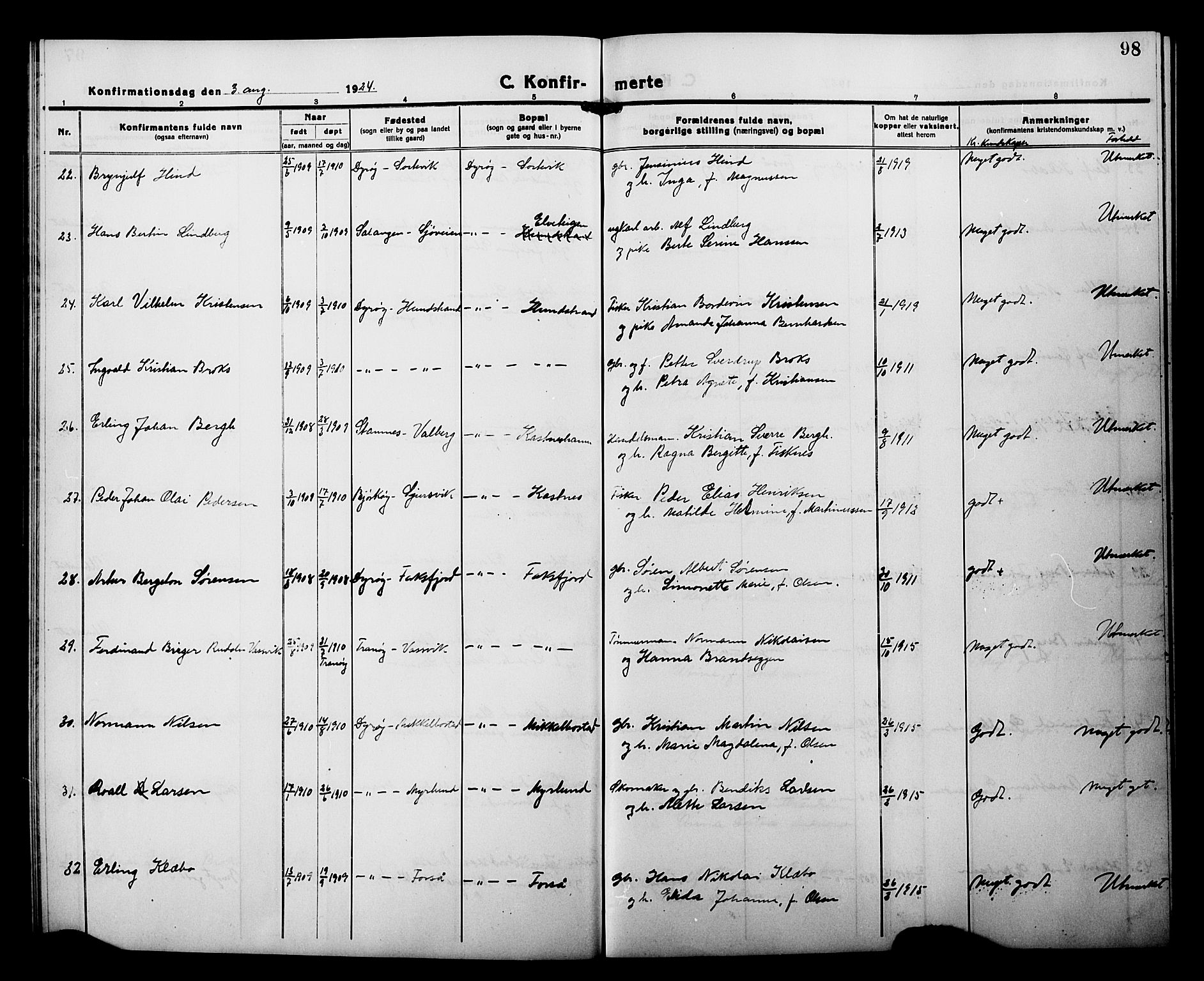 Tranøy sokneprestkontor, AV/SATØ-S-1313/I/Ia/Iab/L0015klokker: Parish register (copy) no. 15, 1918-1930, p. 98