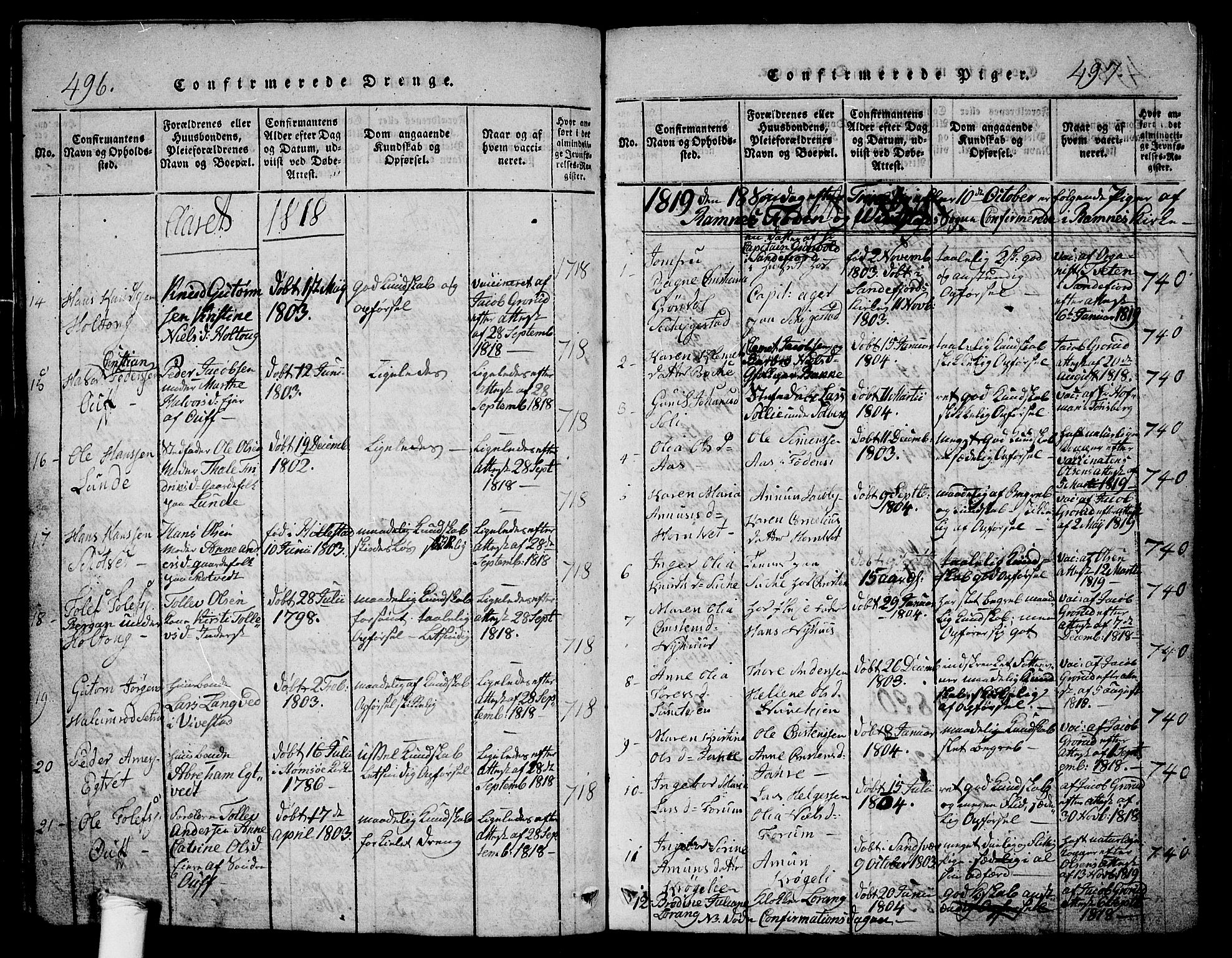 Ramnes kirkebøker, SAKO/A-314/G/Ga/L0001: Parish register (copy) no. I 1, 1813-1847, p. 496-497