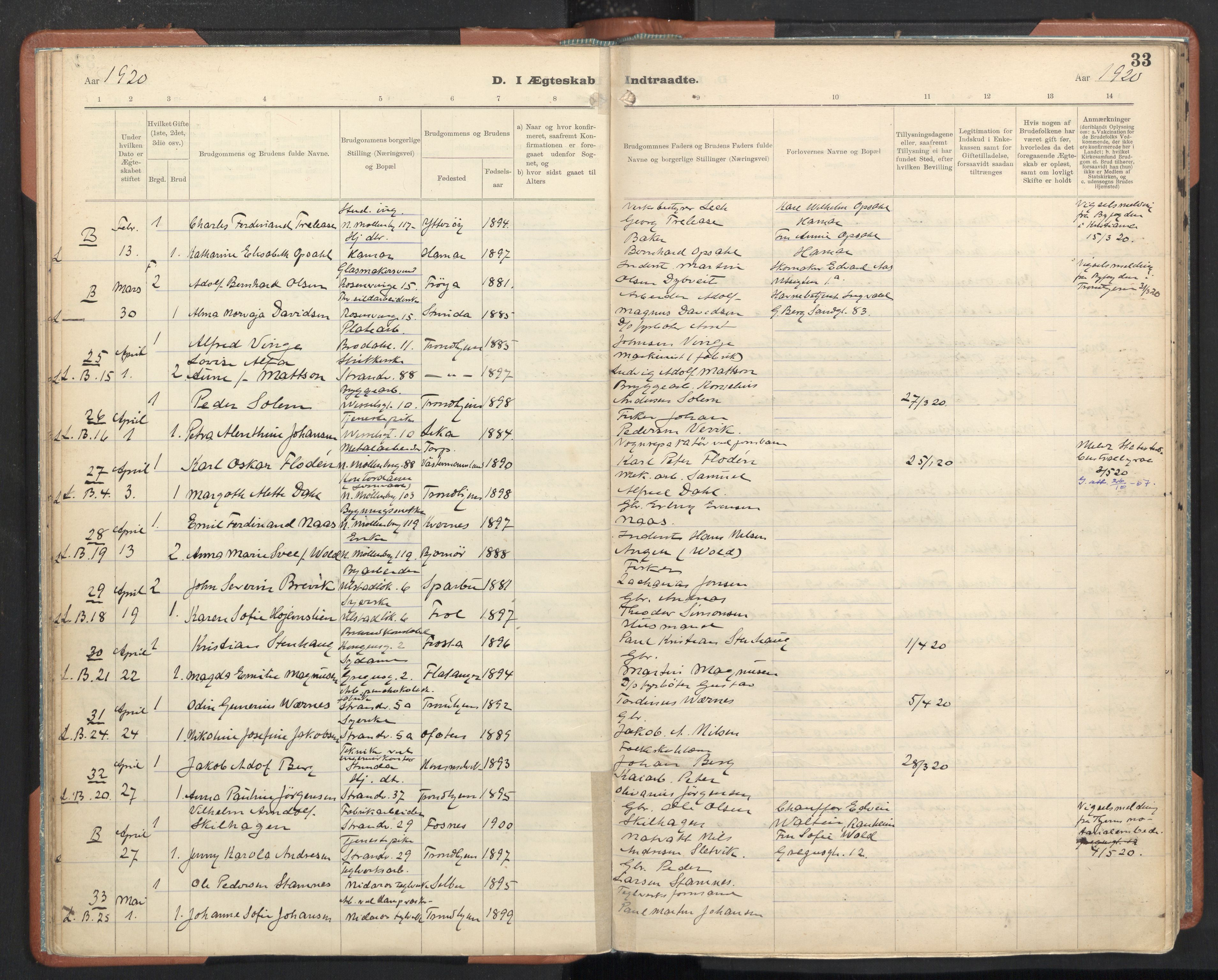 Ministerialprotokoller, klokkerbøker og fødselsregistre - Sør-Trøndelag, SAT/A-1456/605/L0245: Parish register (official) no. 605A07, 1916-1938, p. 33